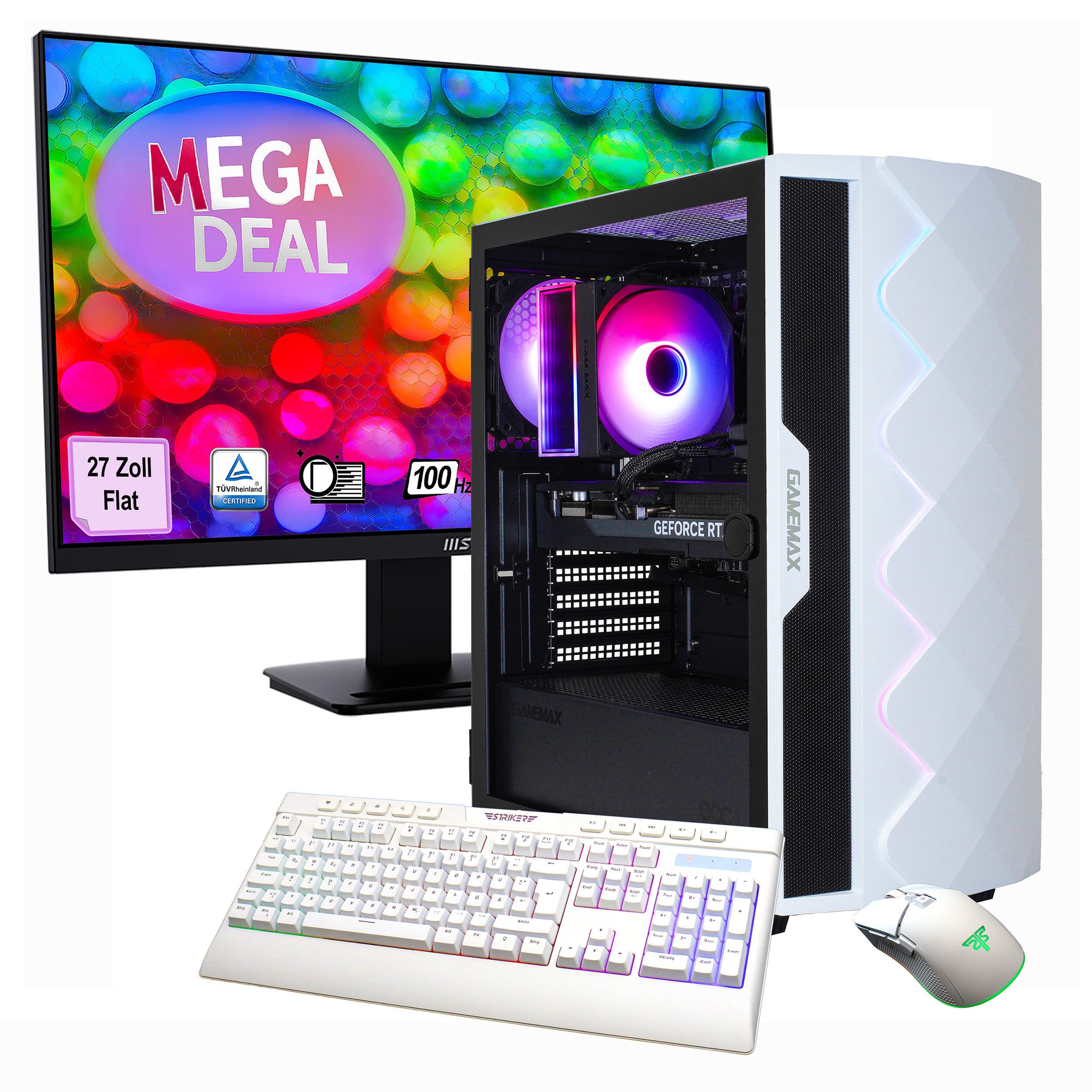 GAMEMAX MegaDeal Diamond WT SET2641 Gaming-PC-Komplettsystem (27", Intel® Core i5 14400F, RTX 5060 Ti, 32 GB RAM, 1000 GB SSD, Windows 11 + MSI PRO MP273A Monitor, 69cm (27)