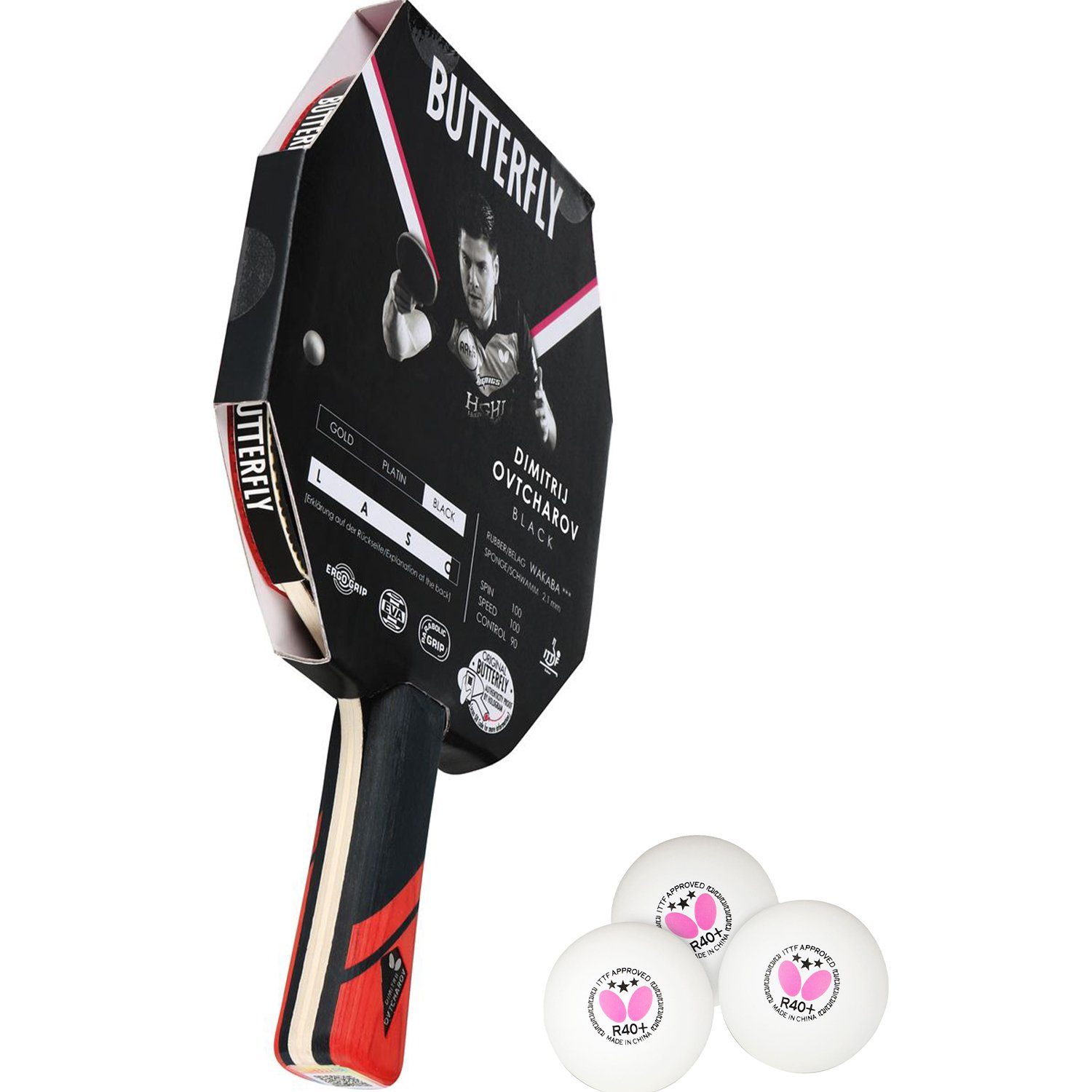 Butterfly Tischtennisschläger 1x Dimitrij Ovtcharov Black + Bälle, Tischtennis Schläger Set