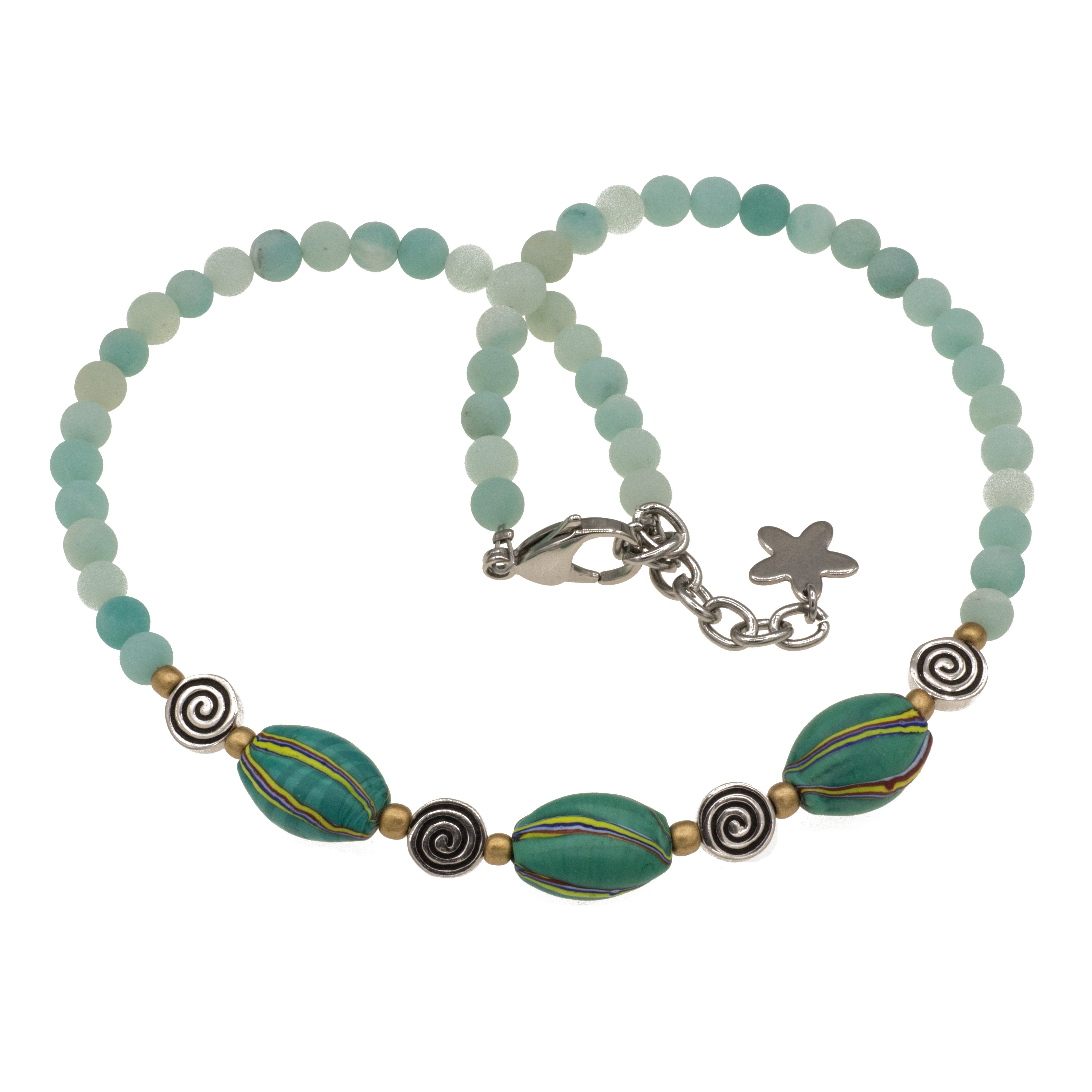 Perlenkette Kette mit Murano Glas Mosaik Perlen und Amazonit und Silber Perlen