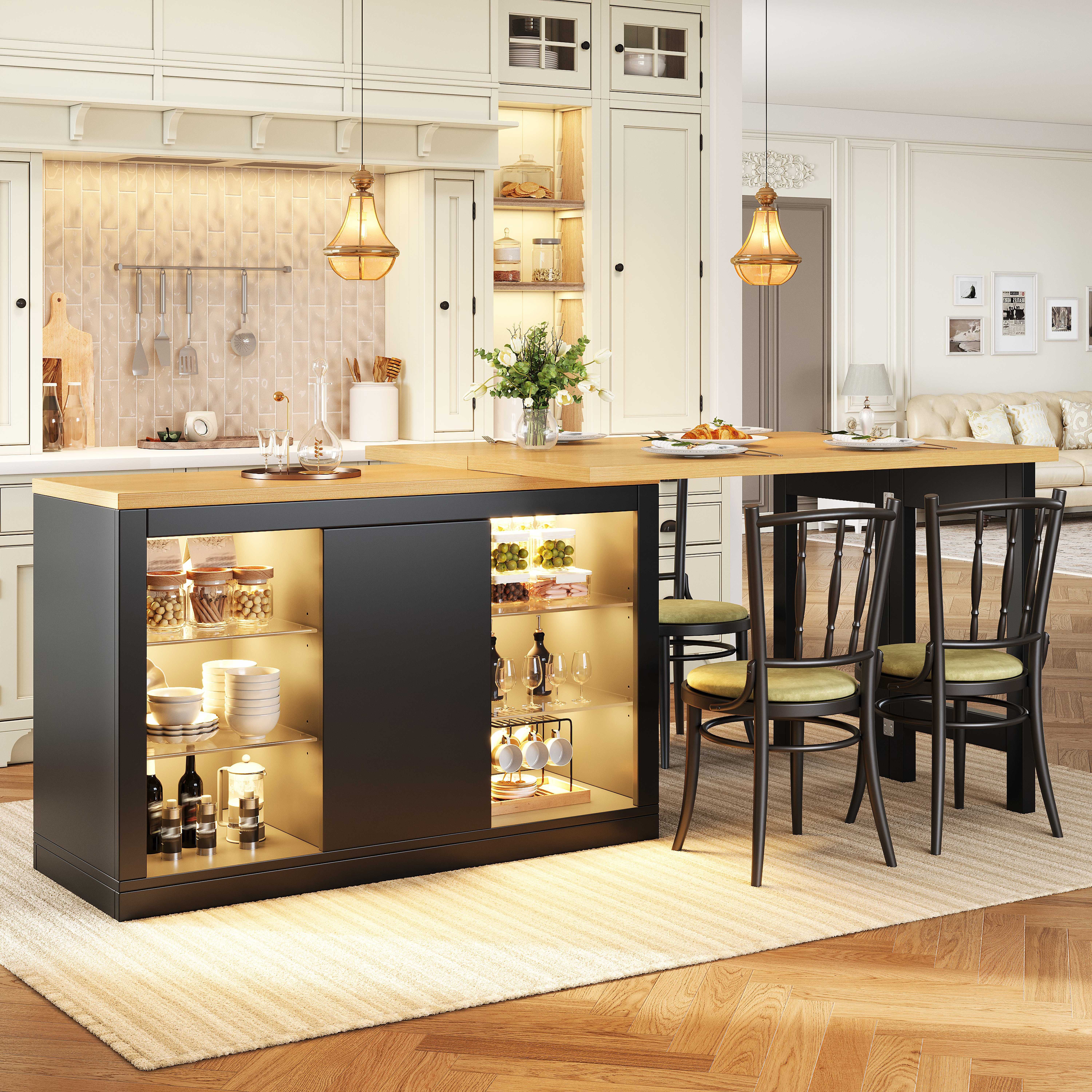 BlingBin Kücheninsel Ausziehbarer mit Esstischfunktion, 360° drehbarer Platte, Stauraum,LED, (2 Packung), magnetische Türen,Küchenschrank.Multifunktionaler Bartisch,Ohne Stühle