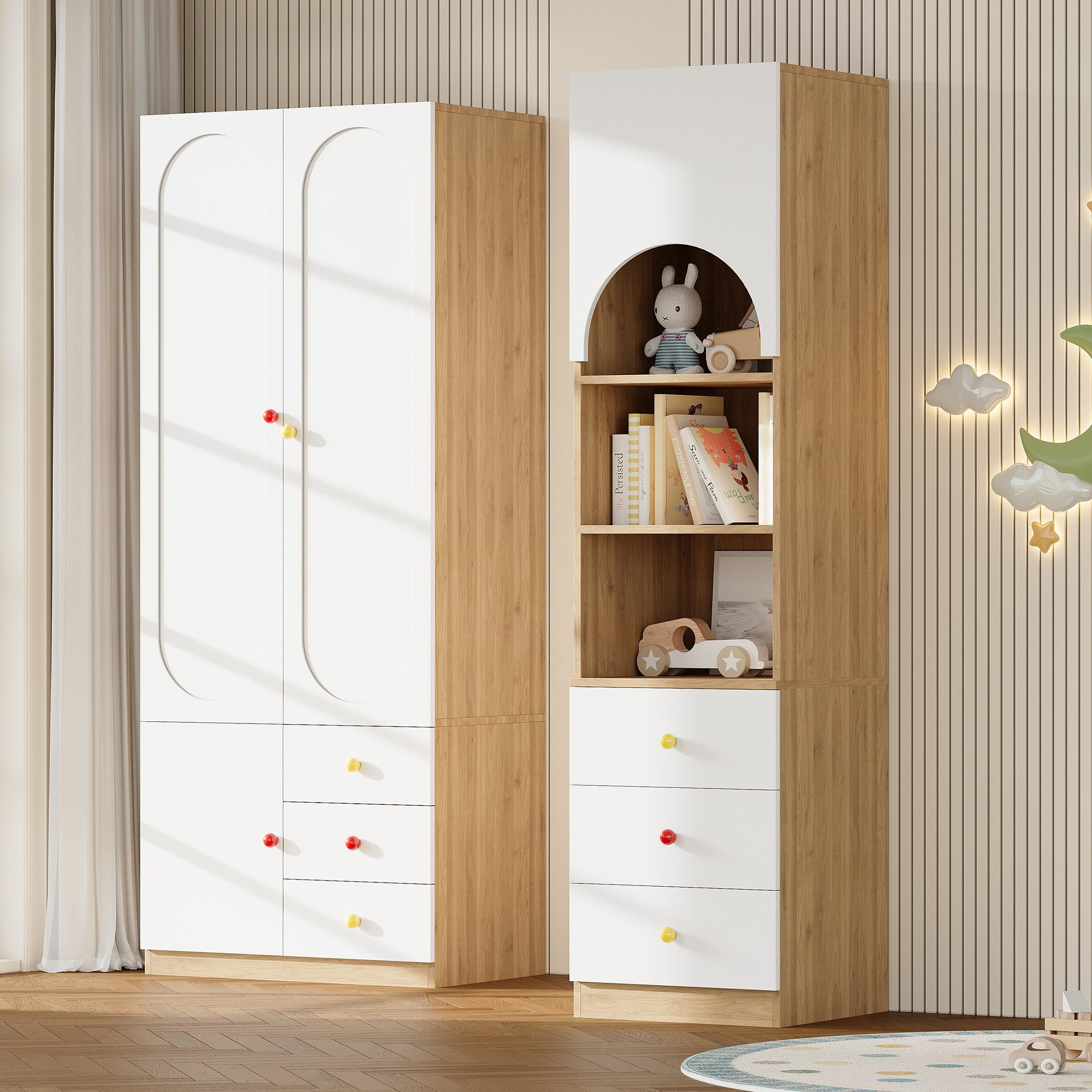 HAUSS SPOLE Kleiderschrank Zweitürig mit Ablageregal,Kombinationsmöbel Kleiderstange & Schubladen (Möbel-Set mit Kleideraufbewahrung und ergänzendem Regalmodul) Getrennt platzierbar,Mehrere Ablagefächer