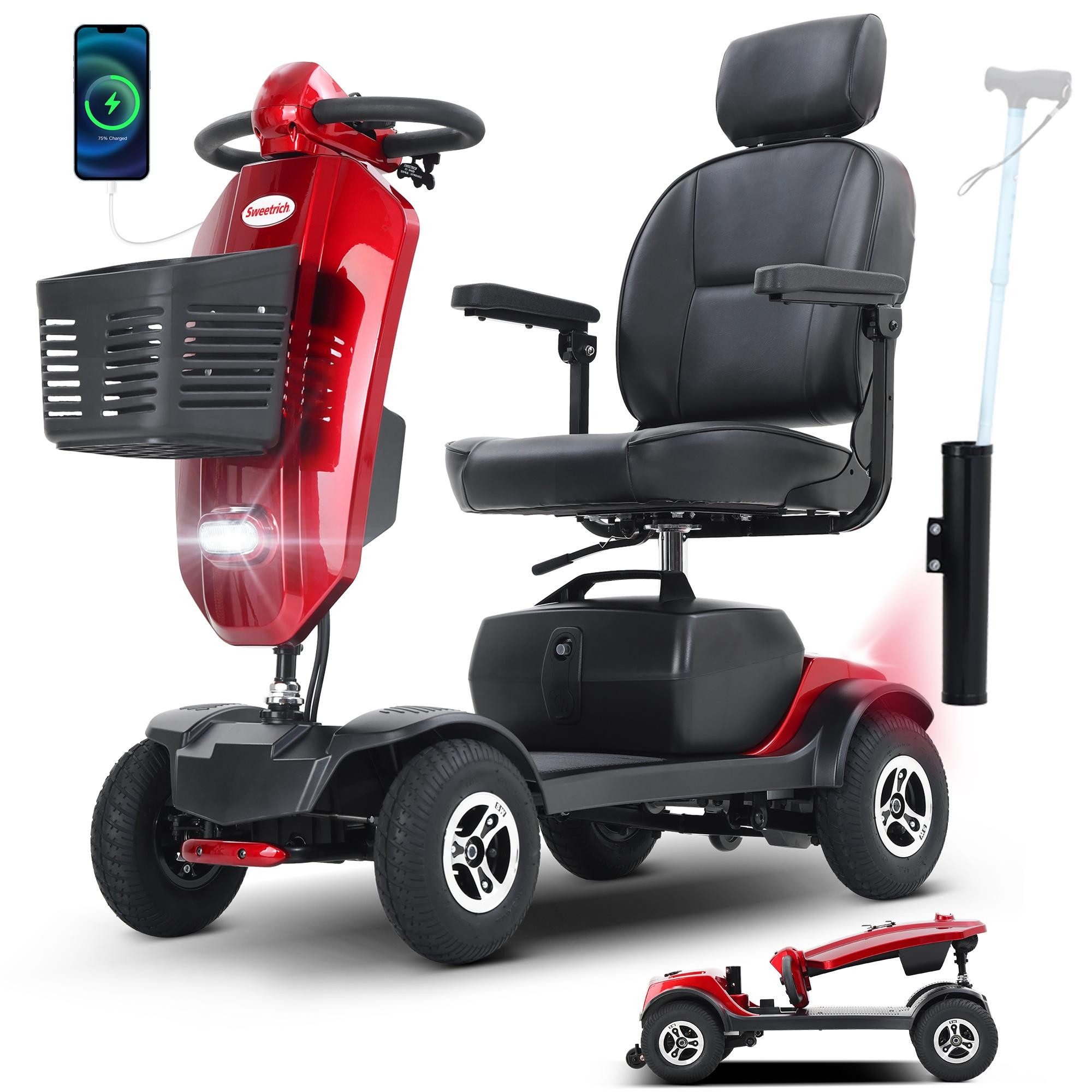 LVHOM Elektromobil 4-Rad-Scooter, faltbar, 30km Reichweite, 300W, 945MM, 136kg Tragkraft, 300 W, (360°-Drehsitz mit Kopfstütze, verstellbare Armlehnen, Integrierte Windschutzscheibe mit Getränkehaltern, ergonomischer Stockhalter, 2 USB-Ladestationen, 32 c