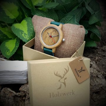 Holzwerk Quarzuhr TORI BLUE Damen Leder & Holz Uhr mit Pferd Motiv, türkis blau, beige