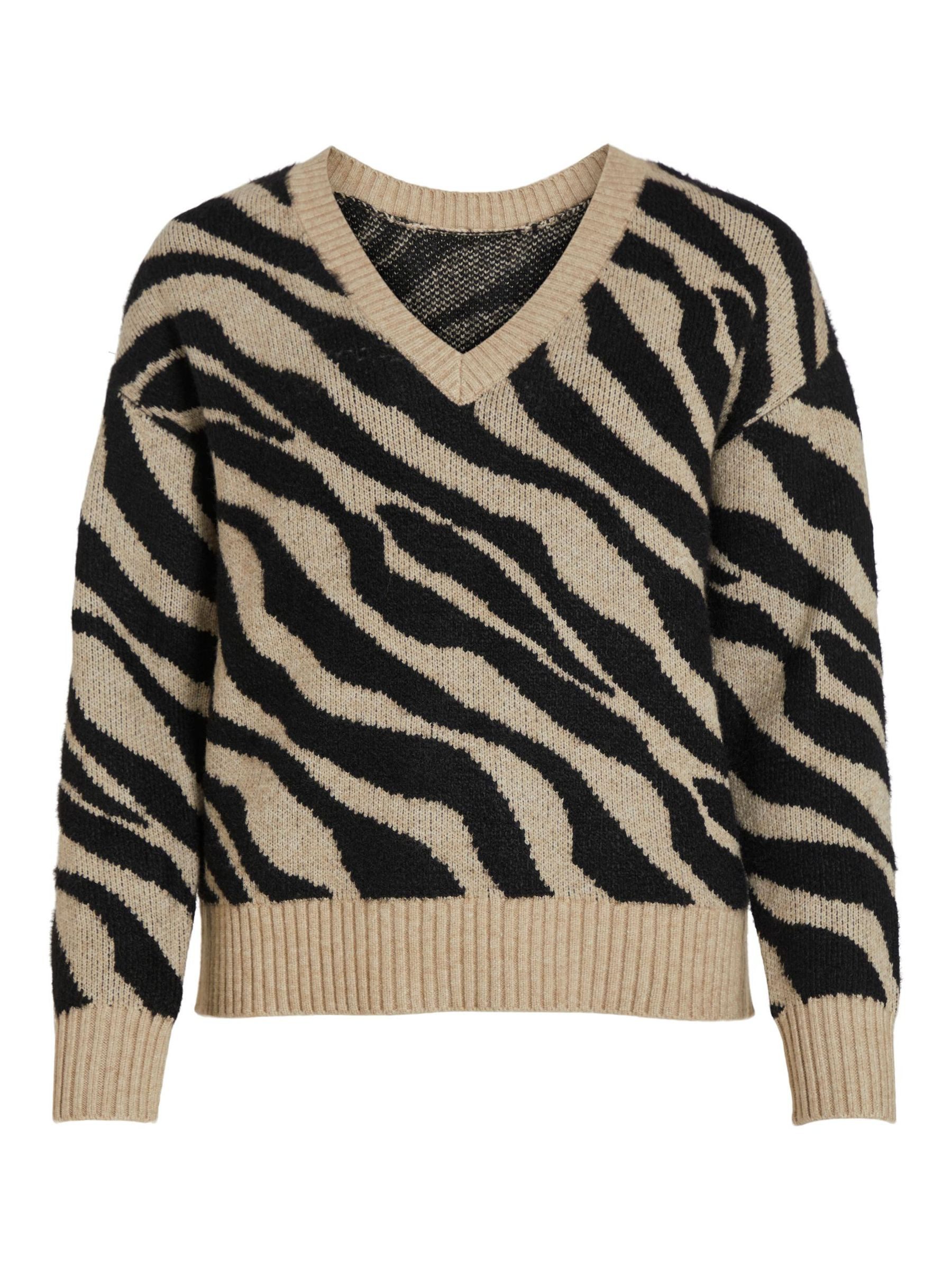 Vila Strickpullover Kuscheliger Strickpullover Jacquard Zebra Animal Muster VIRIL FEAMI VIRIL FEAMI MIX V-NECK L/S KNIT TOP-NOOS