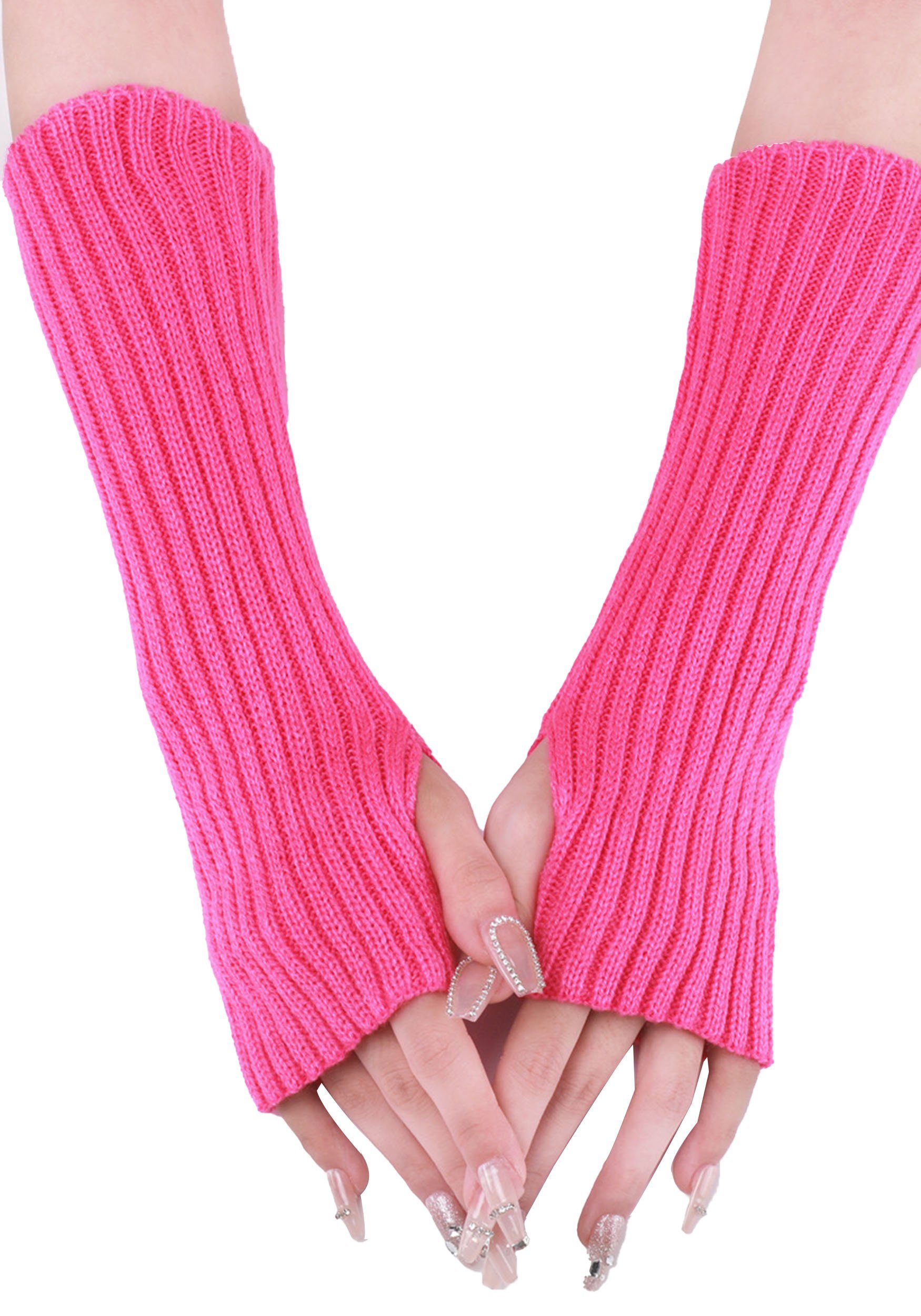 MAGICSHE Strickhandschuhe Lange Fingerlose Armwärmer Daumenloch Dehnbare Handschuhe für Frauen Rosa