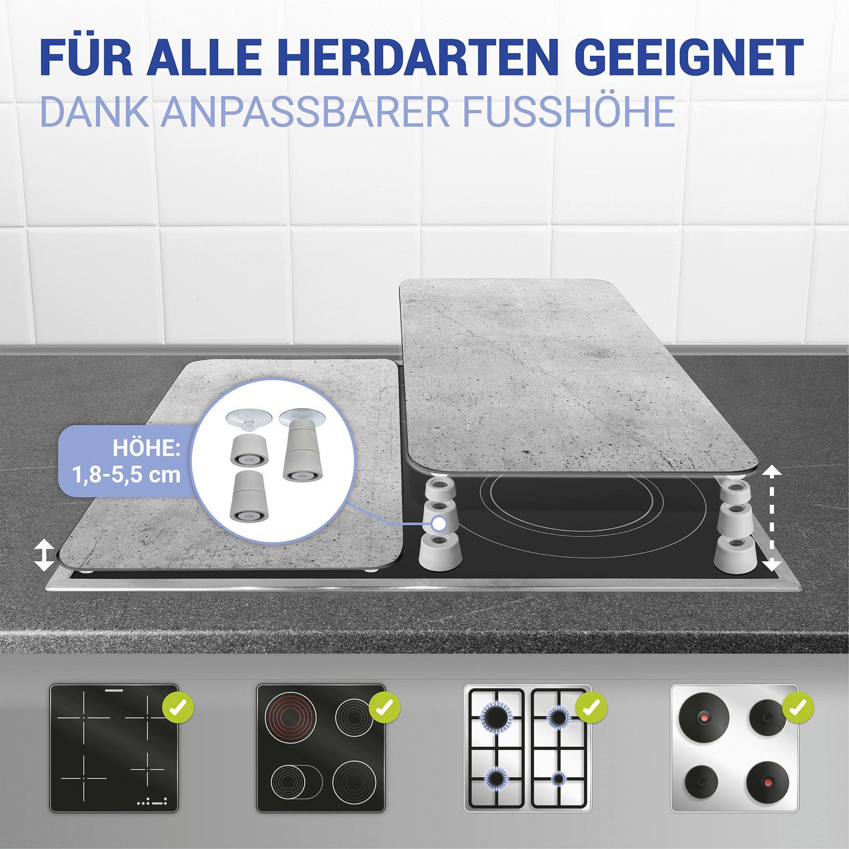 WENKO Herd-Abdeckplatte Universal Modell Beton, Glas, (Set, 2 tlg), Herdabdeckung für alle Herdarten, kratzfest, mit rutschfesten Füßen