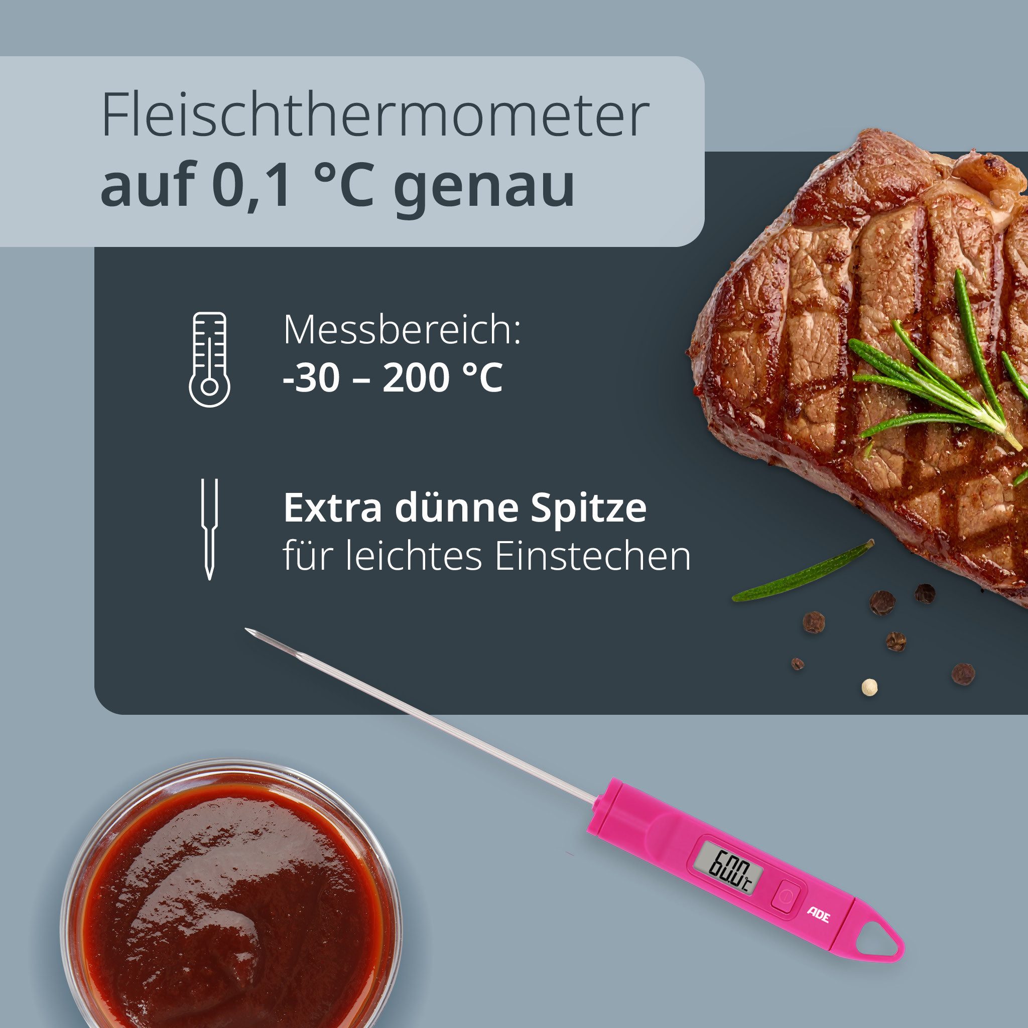 ADE Bratenthermometer mit sekundengenauer Anzeige, magnetische Schutzhülle, -30 - 200 °C, beleuchtetes Display