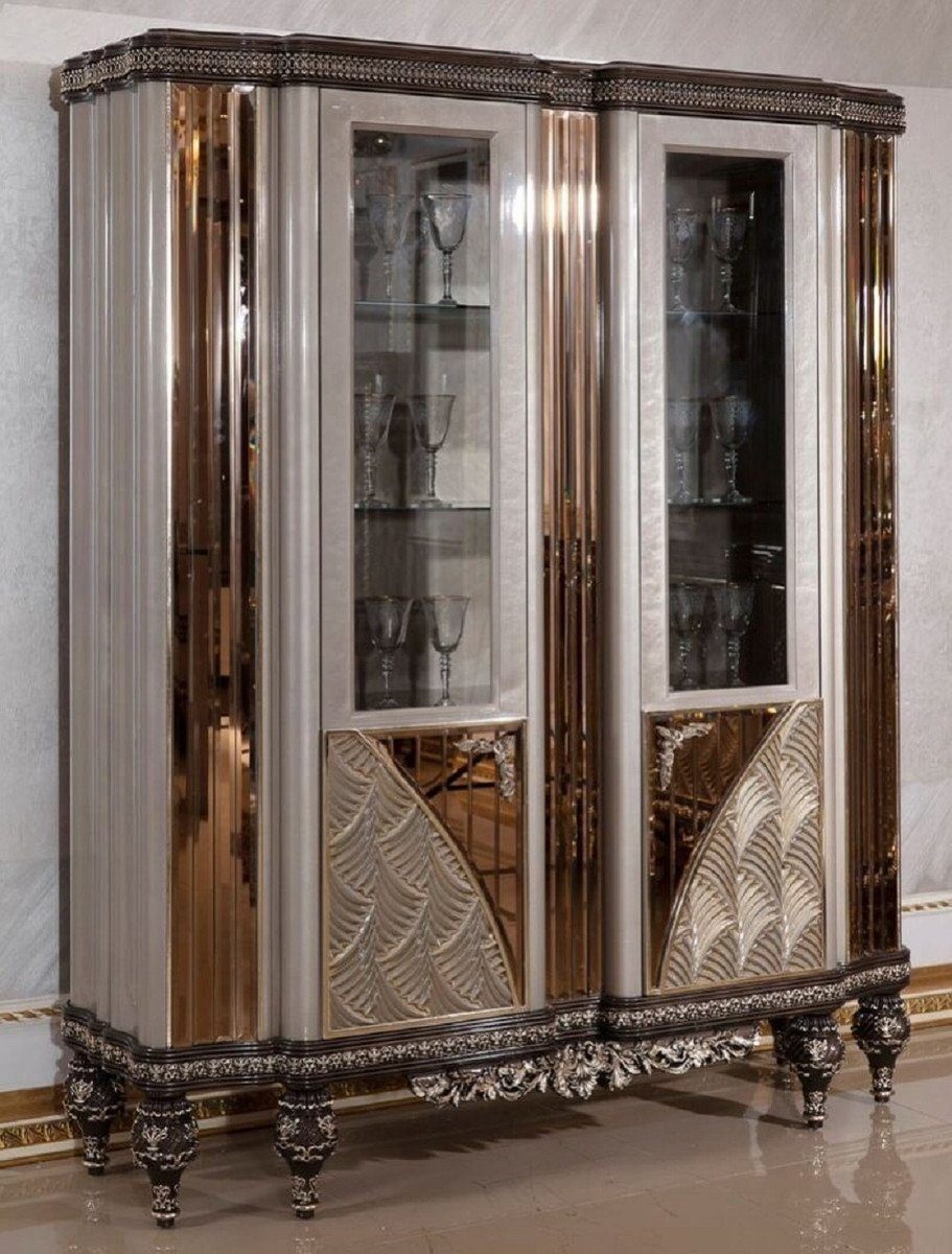 Casa Padrino Vitrine Luxus Barock Vitrine Grau / Schwarz / Silber / Gold - Prunkvoller Massivholz Vitrinenschrank mit 2 Glastüren - Barock Möbel - Edel & Prunkvoll