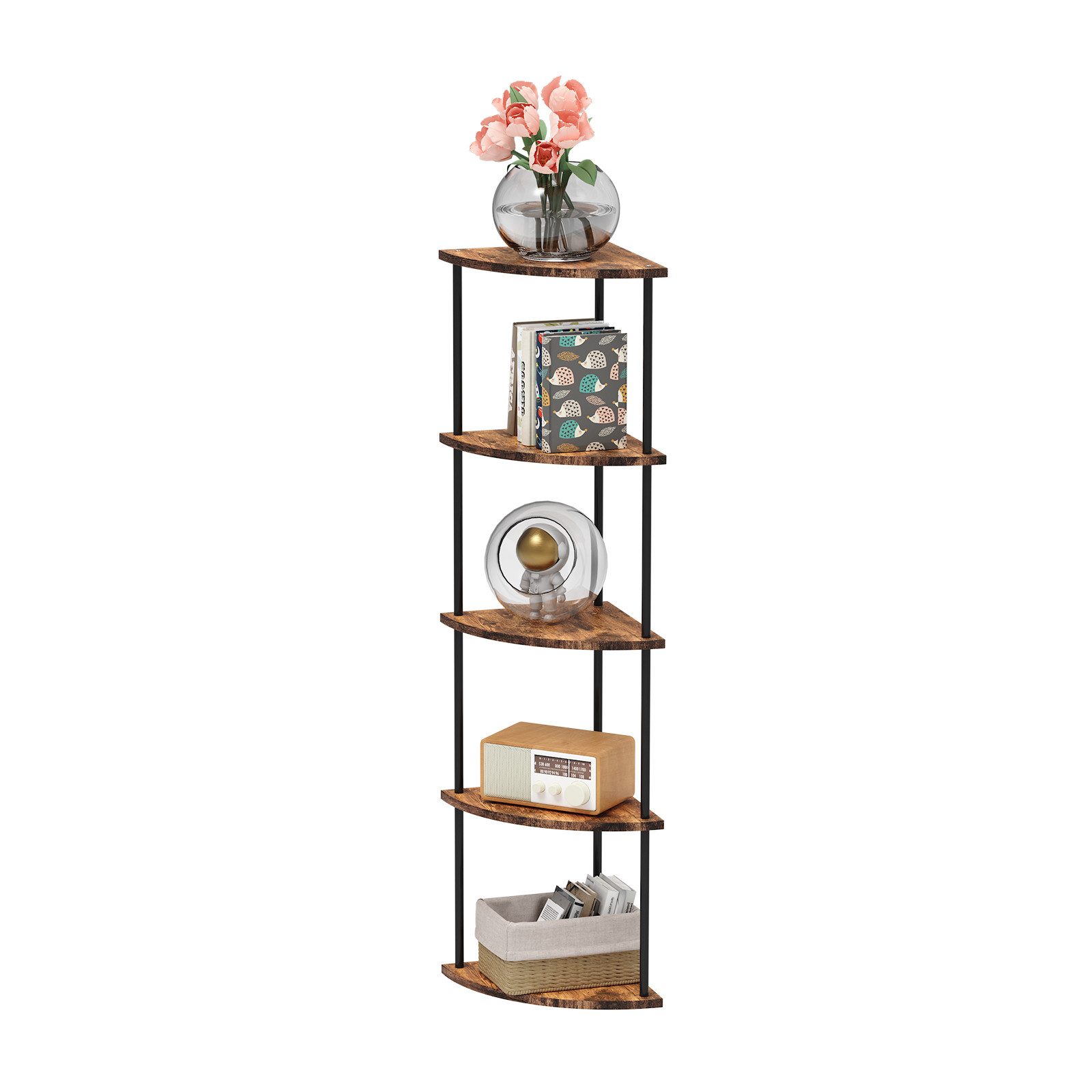 JEOBEST Eckregal Bücherregal mit 5 Ebenen, Aufbewahrungsregal, Pflanzenregal, H: 124cm, Industrial-Design, mit Stahlrahmen