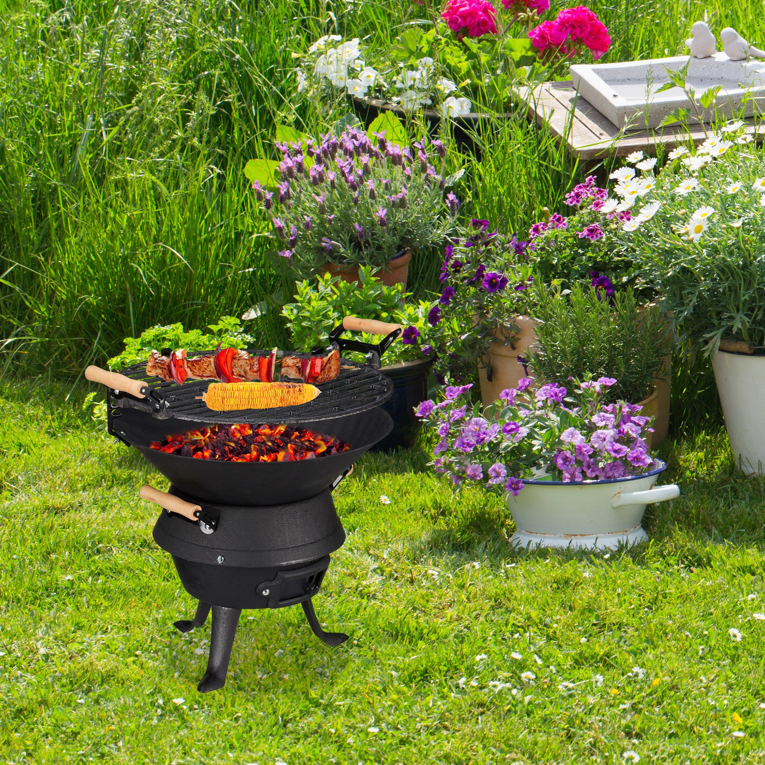 relaxdays Holzkohlegrill Grillfass Gusseisen