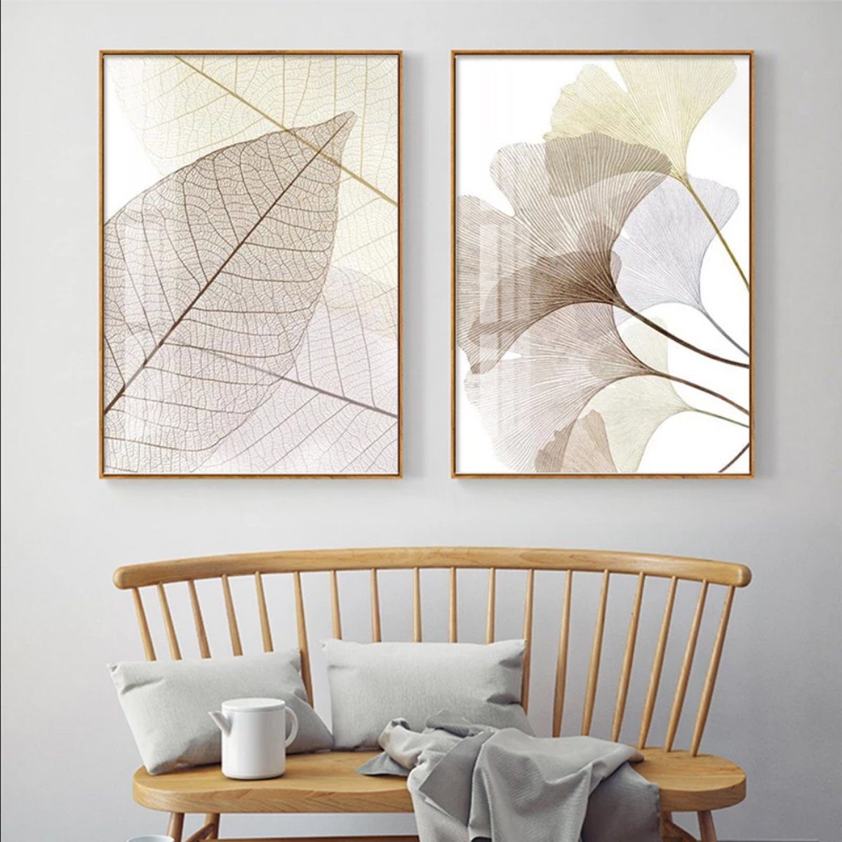 TPFLiving Kunstdruck (OHNE Leinwand - Wandbild, Wanddeko 10x15cm - Set), verschiedene Ginkgo-Blatt (15 - zur Poster Größe: Wohnzimmer 3-er - Auswahl Auch Größen und im günstigen Beige Weiß - - Farben: RAHMEN)