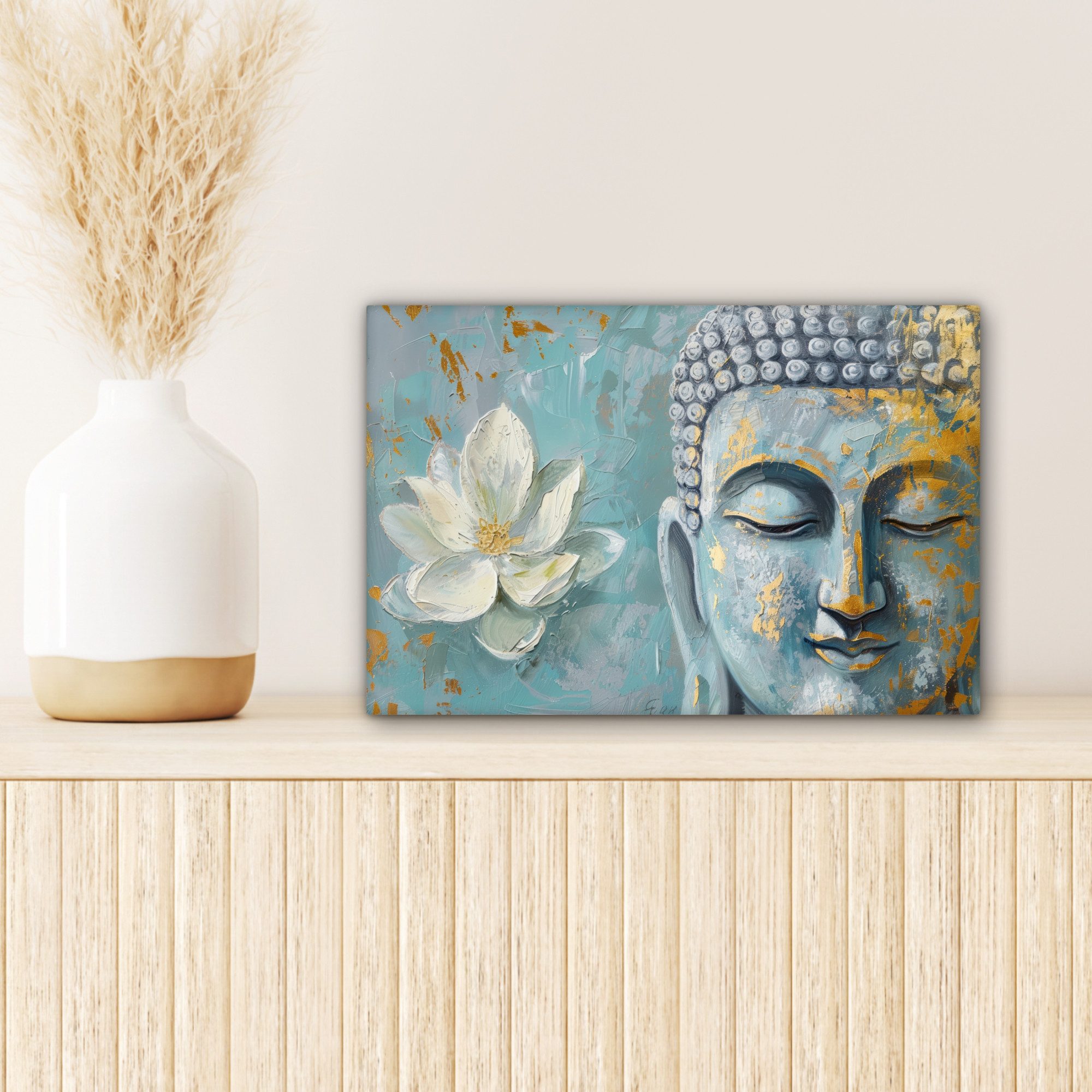 OneMillionCanvasses® Leinwandbild Buddha - Blume - Lotus - Gold - Blau, Fotodruck (1 St), Leinwand Bilder Klein, Wand Dekoration Aesthetic 30x20 cm