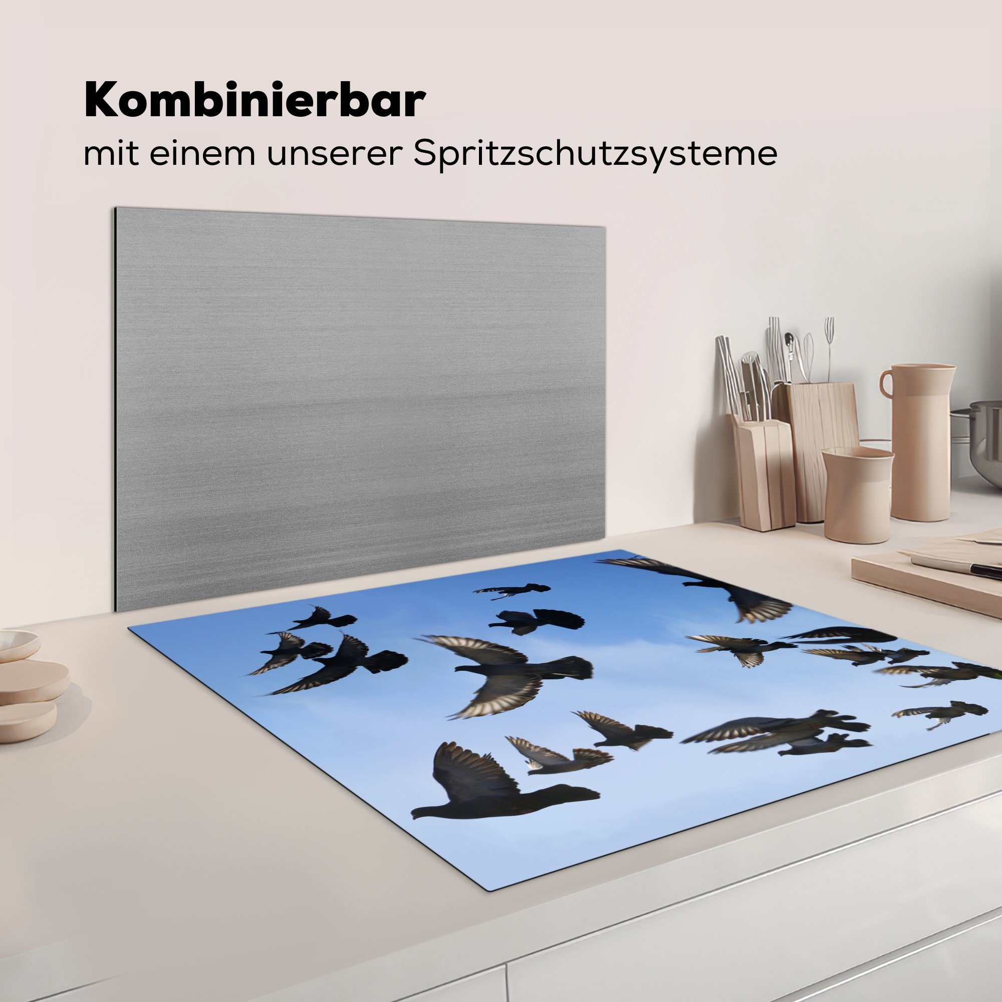 78x78 cm, Blau für Ceranfeldabdeckung, Herdblende-/Abdeckplatte Himmel, Vinyl, (1 MuchoWow tlg), - Tauben küche Arbeitsplatte -