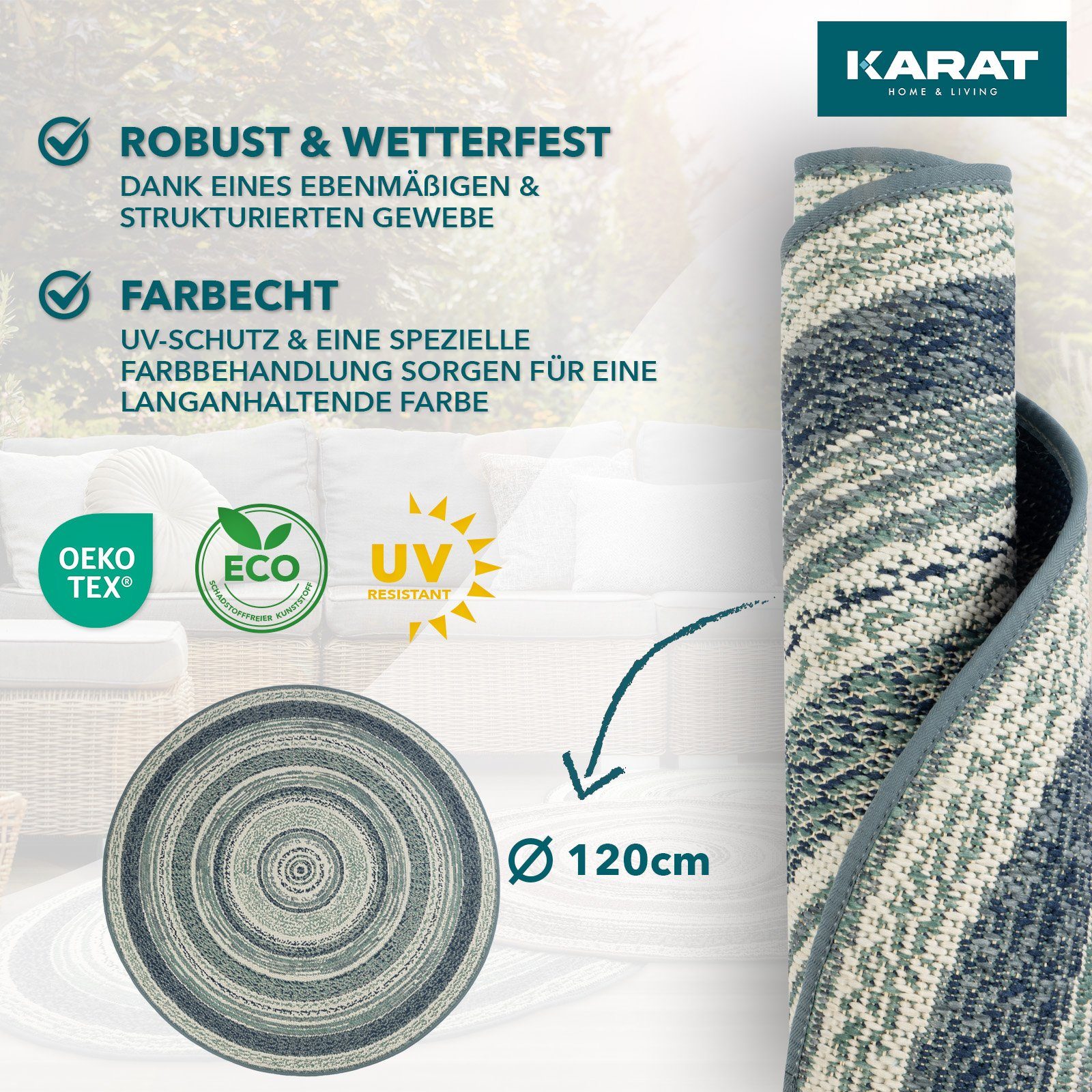 Karat Outdoorteppich Zoe, Erhältlich in 4 Größen, Wohnteppich, Rund, Höhe: 7 mm, pflegeleicht, Terrasse