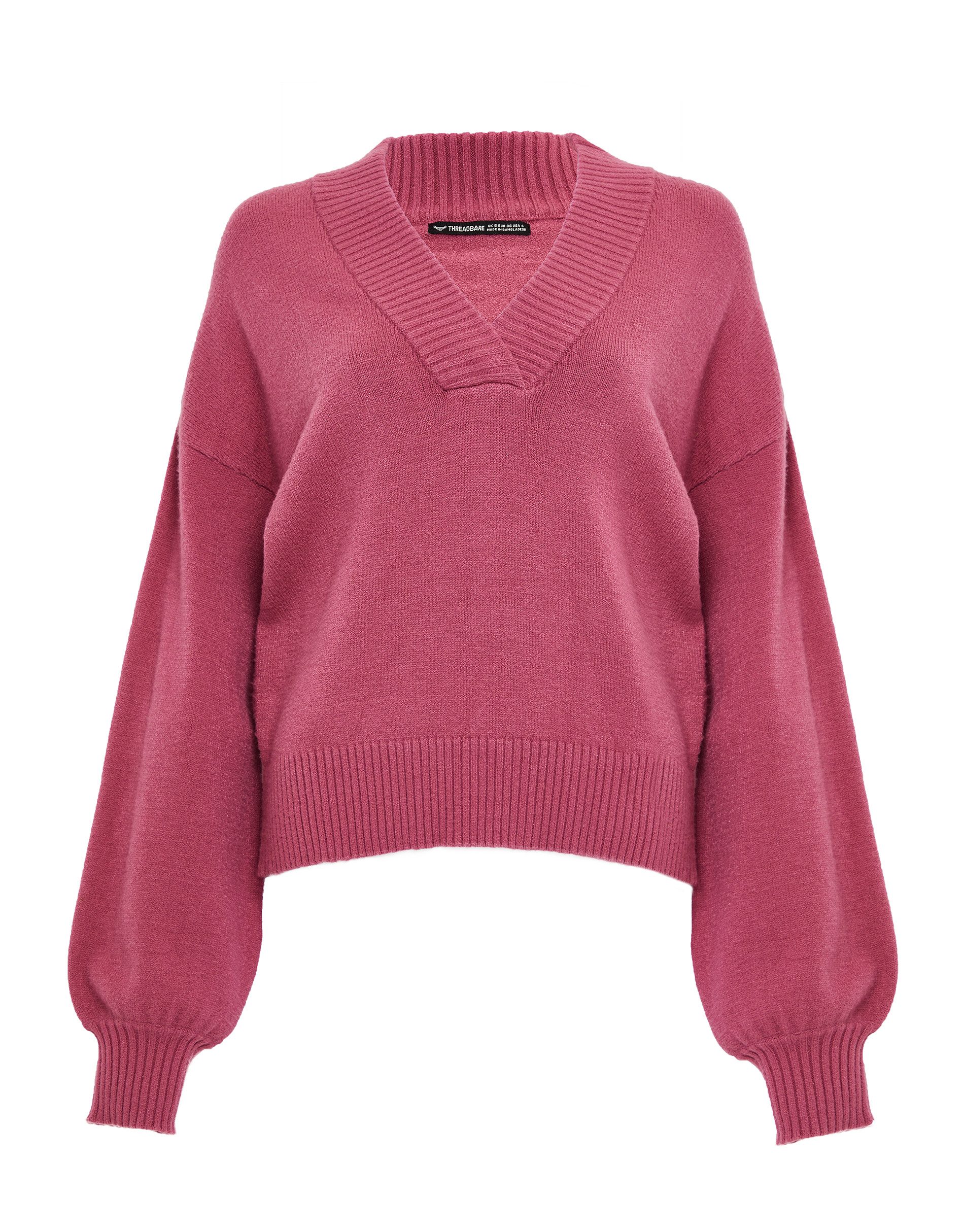 Threadbare Rundhalspullover Fleur mit V-Ausschnitt und Puff-Ärmeln