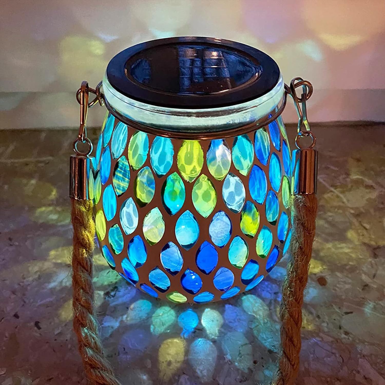 FELIXLEO LED Solarleuchte Solar Mosaik Leuchte Oval Außen Glas Hängend Tischleuchte Blau