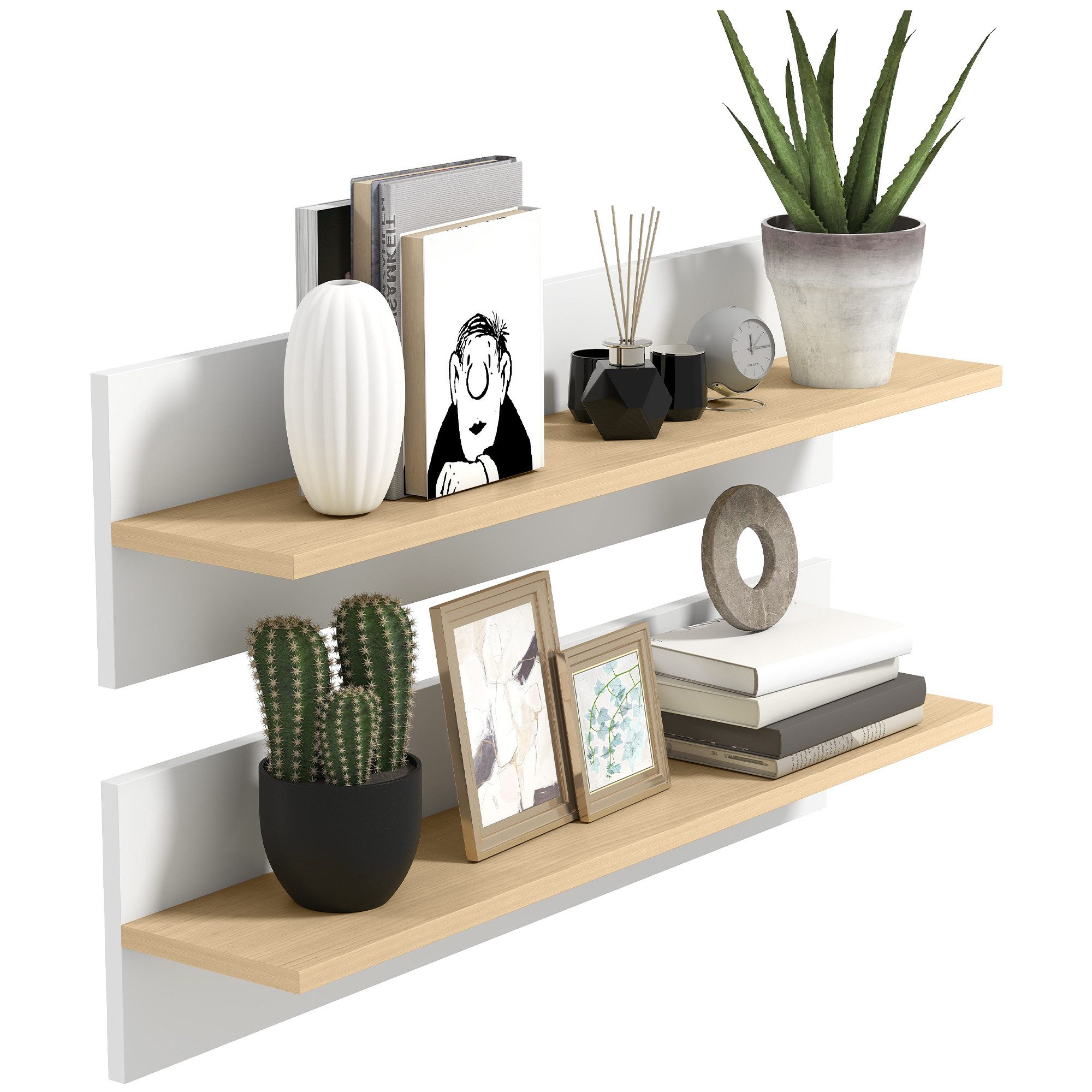 HOMCOM Wandregal, 2er-Set Schweberegal 2-tlg., für Küche, Wohnzimmer, Badezimmer, Weiß+Naturholz, 80 x 16,5 x 20 cm