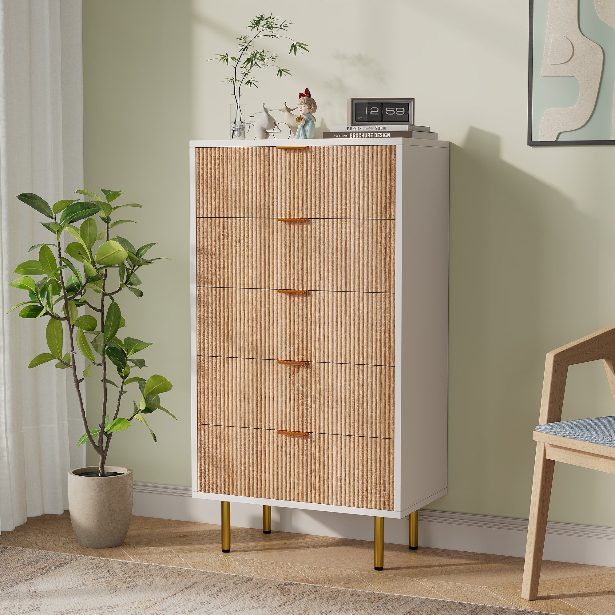 zebery Kommode Sideboard aus Holz, Metallbeine (Set, 1 St., Modern Highboard mit 5 Stauraum Schubladen, Metallgriff), Schmal Kommode Buffet für Schlafzimmer, Wohnzimmer, Flur
