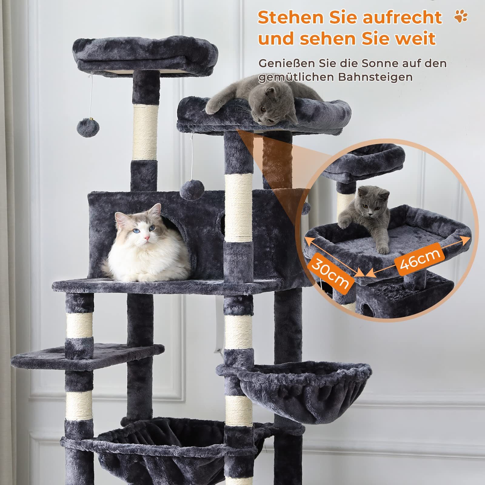 MSMASK Kratzbaum groß XXL, katzenbaum mit 2 Höhlen, 2 Plattformen und Hängematte, katzenbaum mit Mehreren Ebenen, katzenkratzbaum deckenhoch 193cm