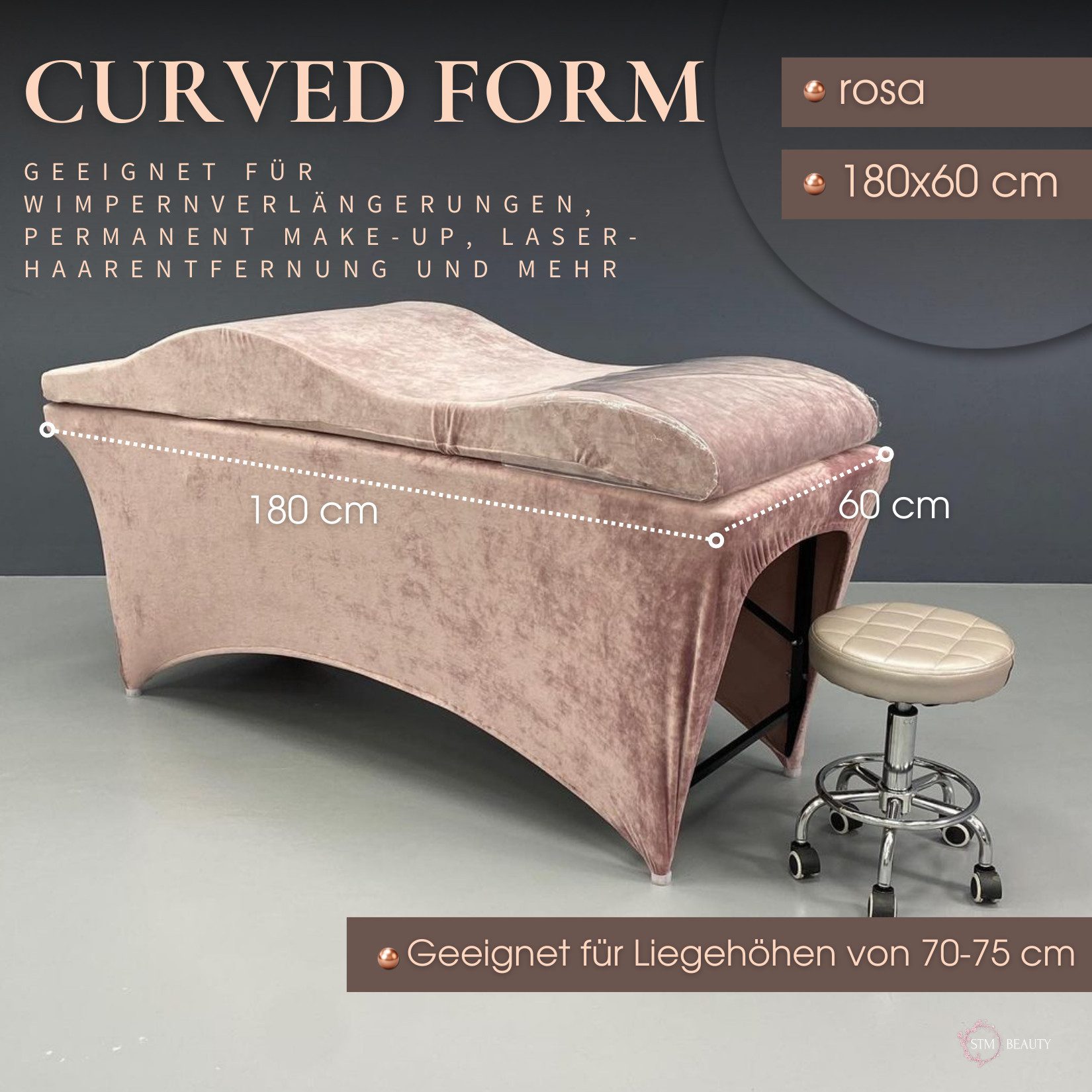 STM Company Massageliege Wave Matratze (Curved topper) mit Memory Foam, Liegenbezug, Set (180x60 / 190x70 cm, für Wimpernverlängerungen, PMU), für Kosmetikliege, Behandlungsliege, Wimpermstudio