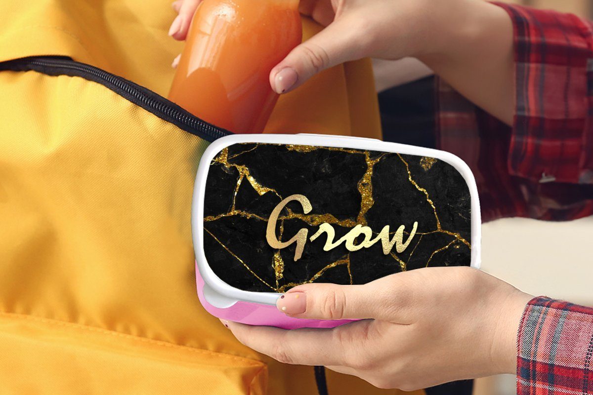 MuchoWow Lunchbox Zitat - Wachstum Brotdose Kunststoff, - Brotbox Gold Snackbox, für Kinder, - Mädchen, (2-tlg), Schwarz, Kunststoff Erwachsene, rosa