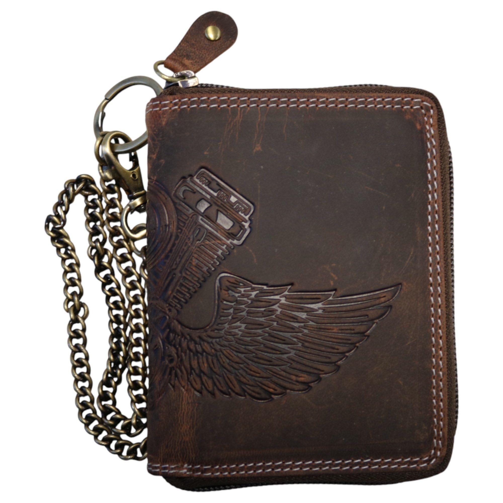 MDM Brieftasche Biker Leder Karten Portemonnaie mit Kette, Reißverschluss, RFID