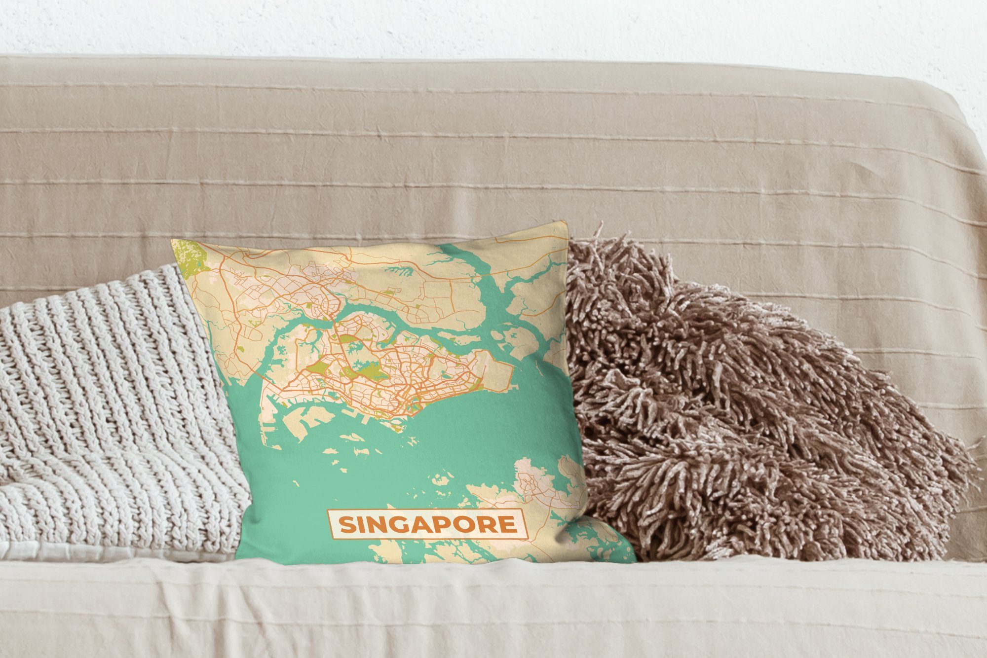 Karte, mit - Singapur Karte Dekokissen - Stadtplan - Sofakissen Zierkissen Deko, Schlafzimmer, Vintage MuchoWow für Wohzimmer, Füllung -