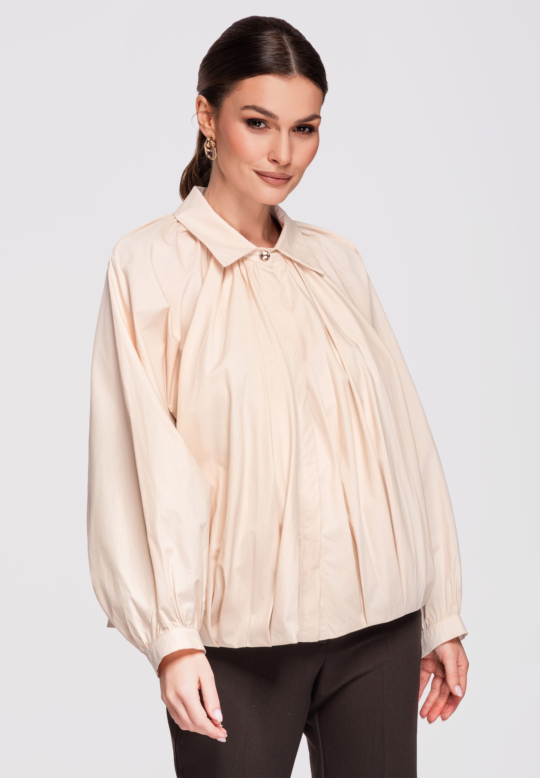OMBRE Hemdbluse Damen Oversize Baumwollbluse mit Langarm Beige ONESIZE (kein Set, 1-tlg) Oversize-Passform, elastische Abschlüsse