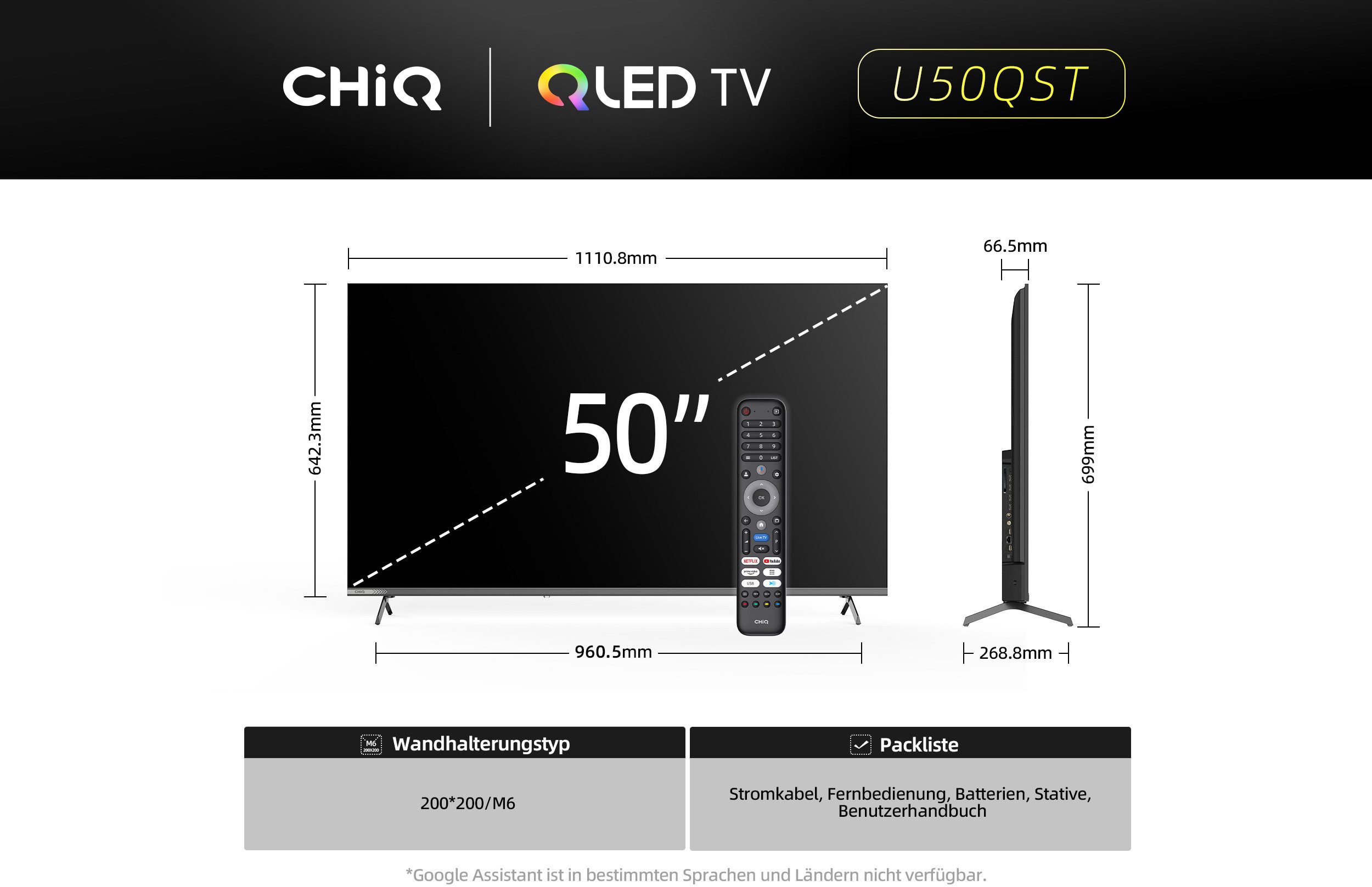 CHiQ U50QST Goohle TV QLED-Fernseher (127 cm/50 Zoll, 4K Ultra HD, Smart-TV, Google TV, 4K UHD TV, QLED TV, Inkl. Streaming Content, Kompatibel mit Apple AirPlay)