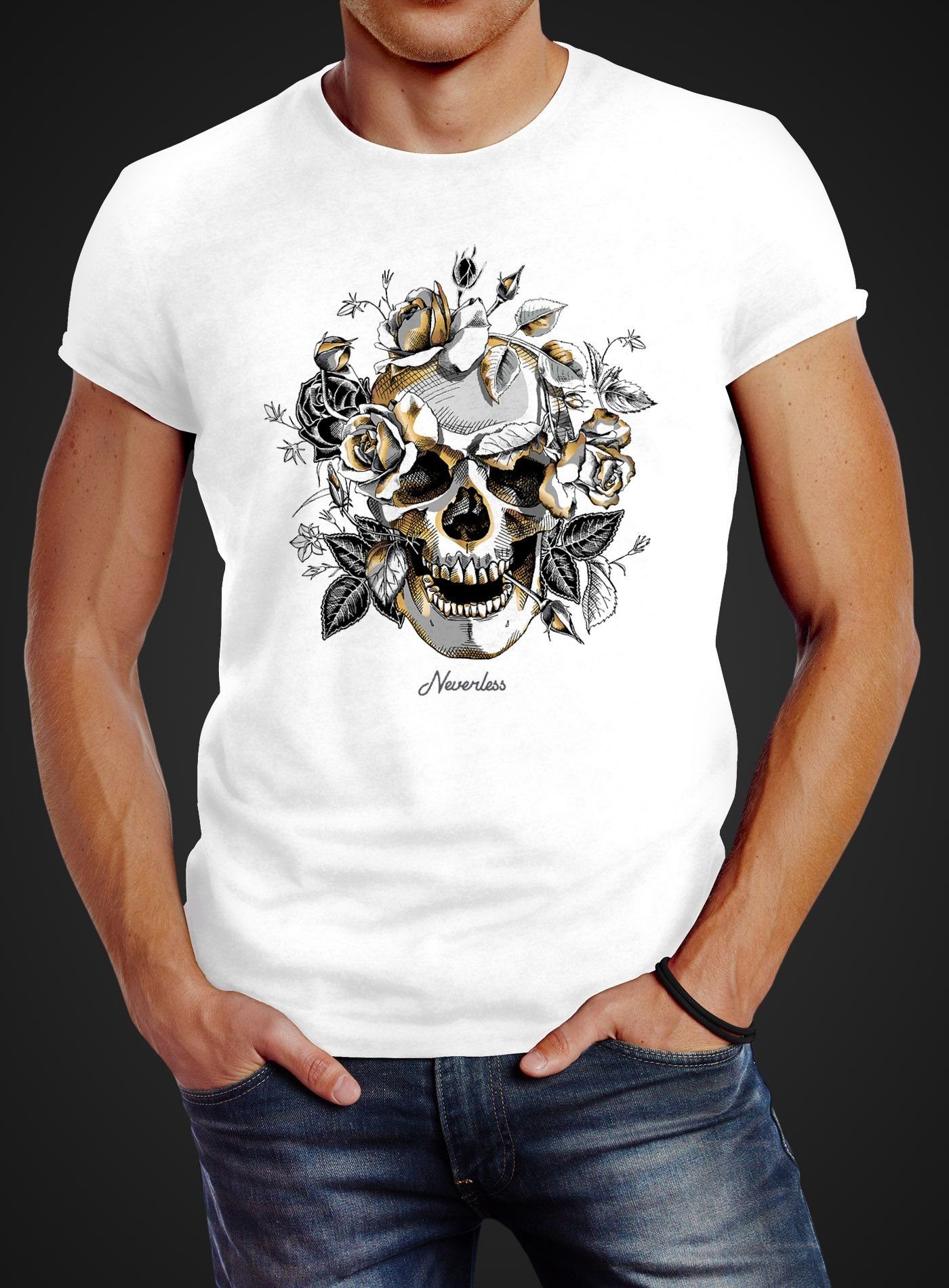 Print-Shirt Print T-Shirt Rosen Herren Skull Roses Totenkopf Neverless® Schädel Fit Neverless mit weiß Slim
