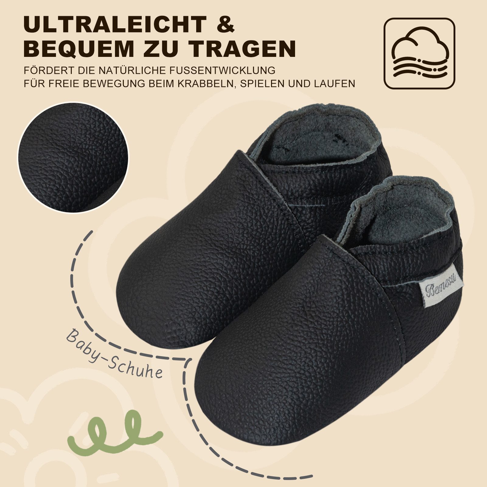 Bemesu Baby Hausschuhe Leder handgefertigt barfußähnlich Krabbelschuh