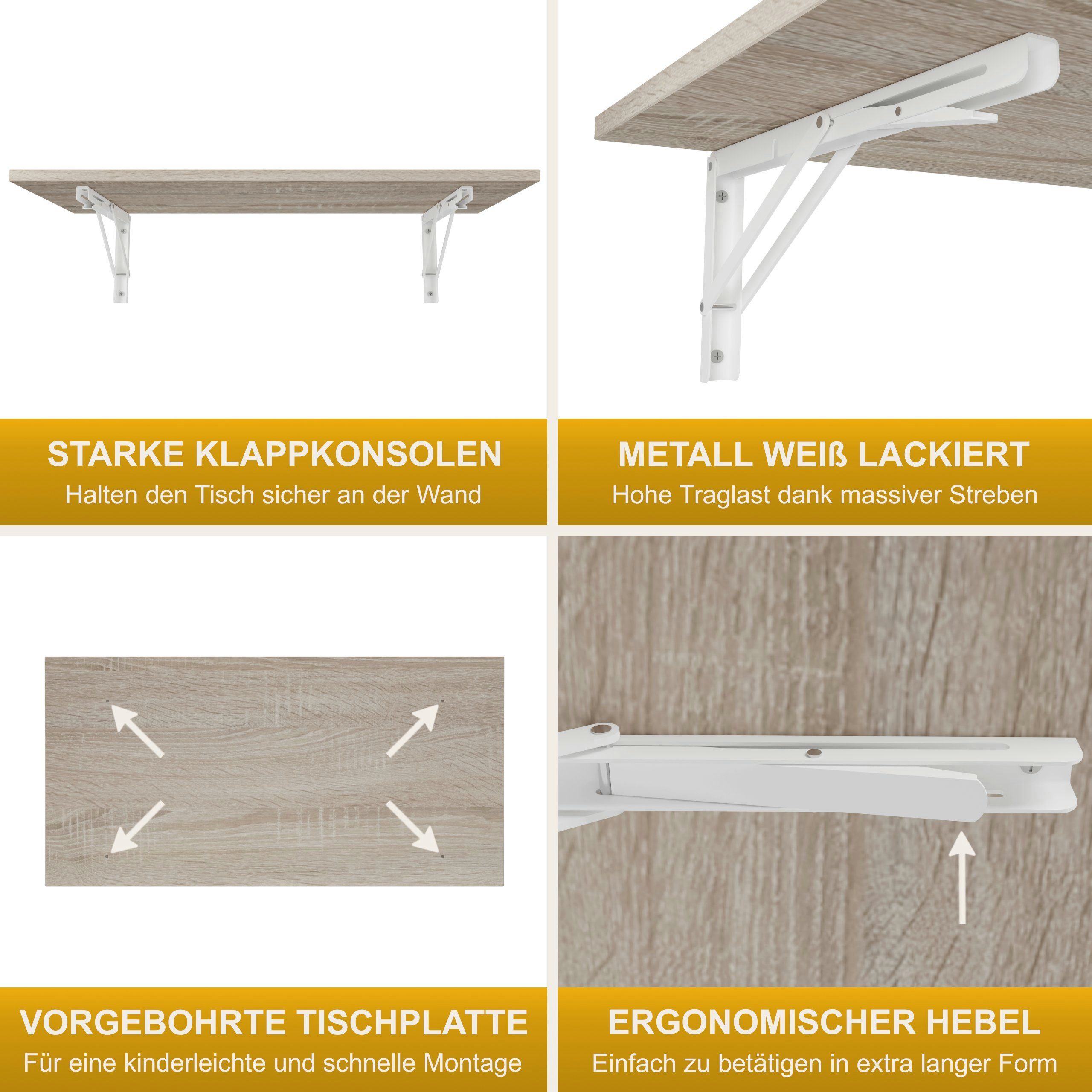 KDR Produktgestaltung Klapptisch 80x40 Wandklapptisch Eiche Wand Sonoma Tisch, Küchentisch Esstisch Schreibtisch