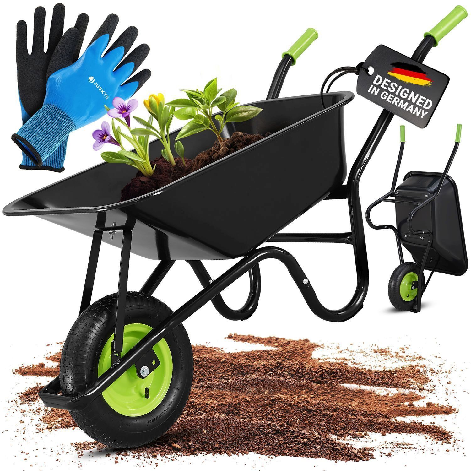 Juskys Schubkarre Garden, 100L, bis 250 kg, Luftreifen, verzinkte Wanne, inkl. Handschuhe
