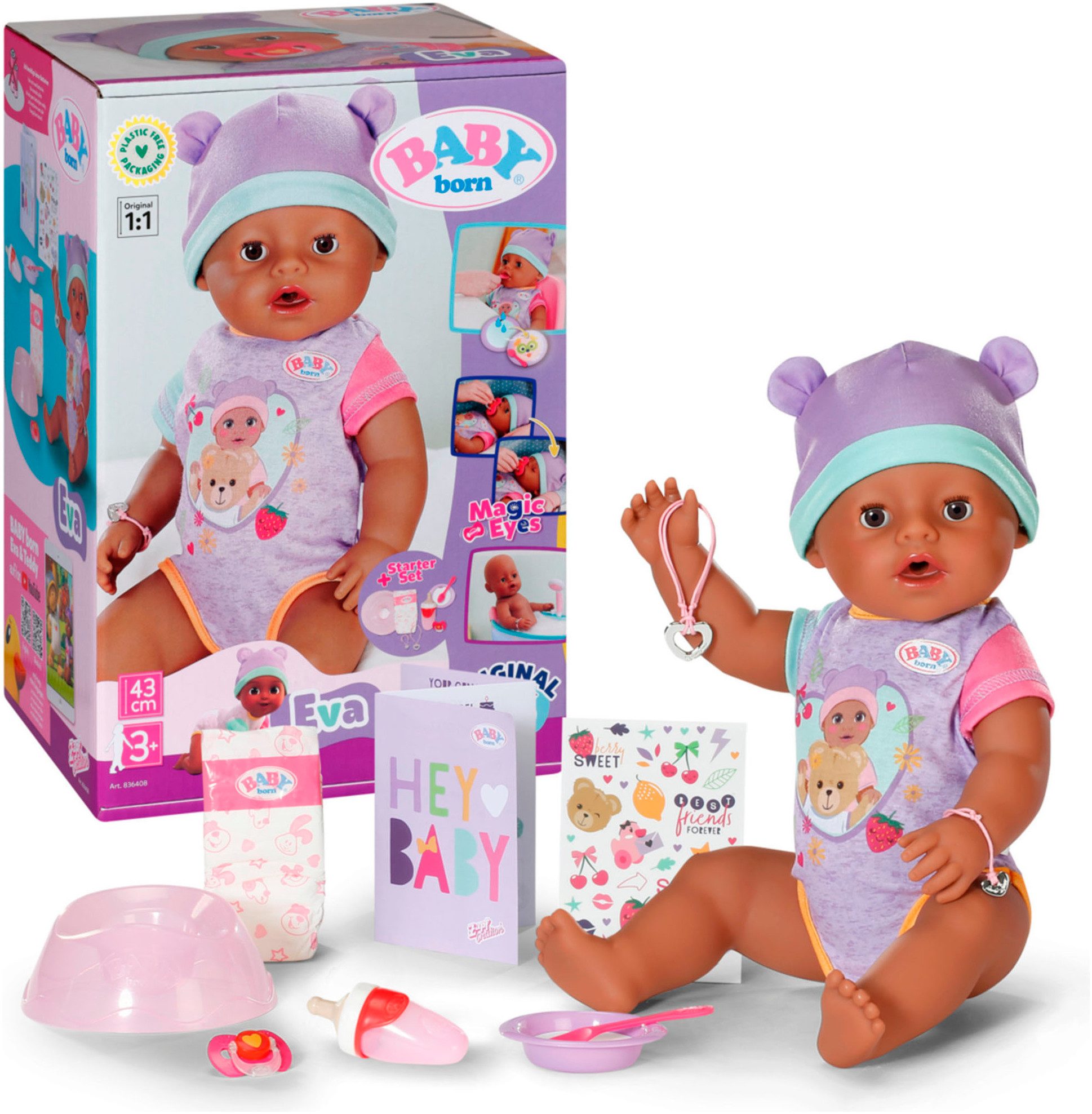 Baby Born Babypuppe Eva 43 cm Set 11 tlg Kann trinken schlafen weinen baden und in die Windel machen