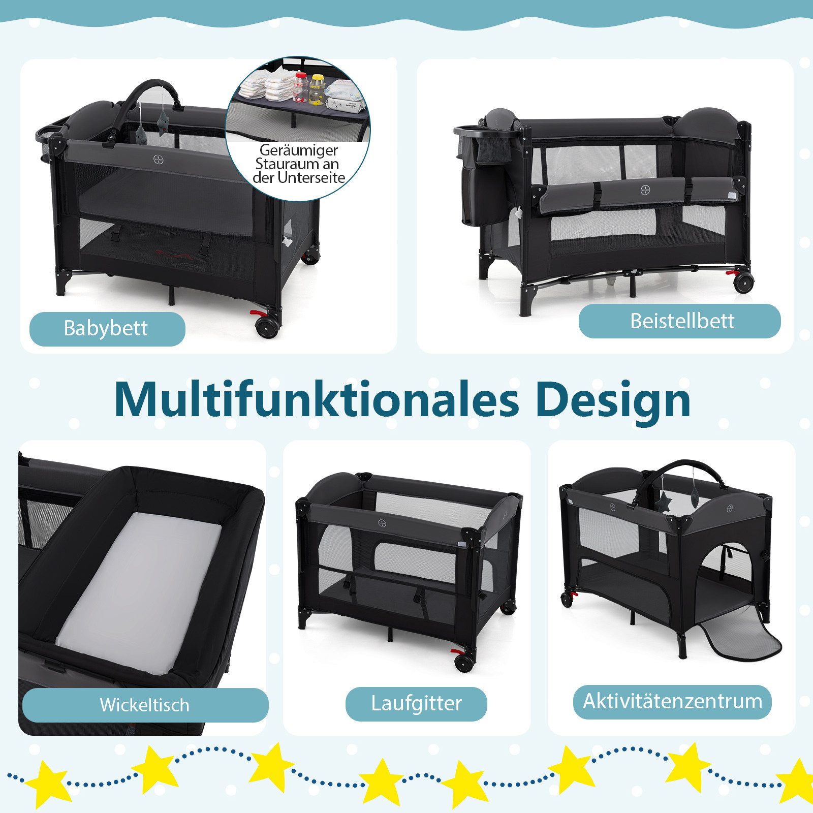 COSTWAY Beistellbett, 5in1 Reisebett, mit Matratze, Tragetasche, Rollen, höhenverstellbar