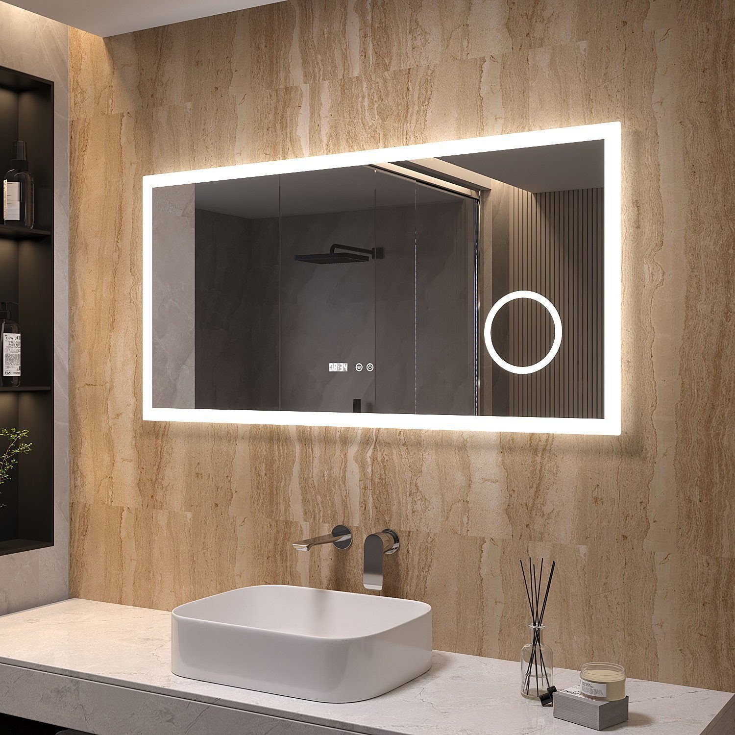 AQUALAVOS LED-Lichtspiegel LED Badspiegel 120x60cm mit Digitaluhr 6400K Beleuchtung Vergrößerung, 120x60cm, Beschlagfrei Schminkspiegel, Wandmontage, Dimmerfunktion
