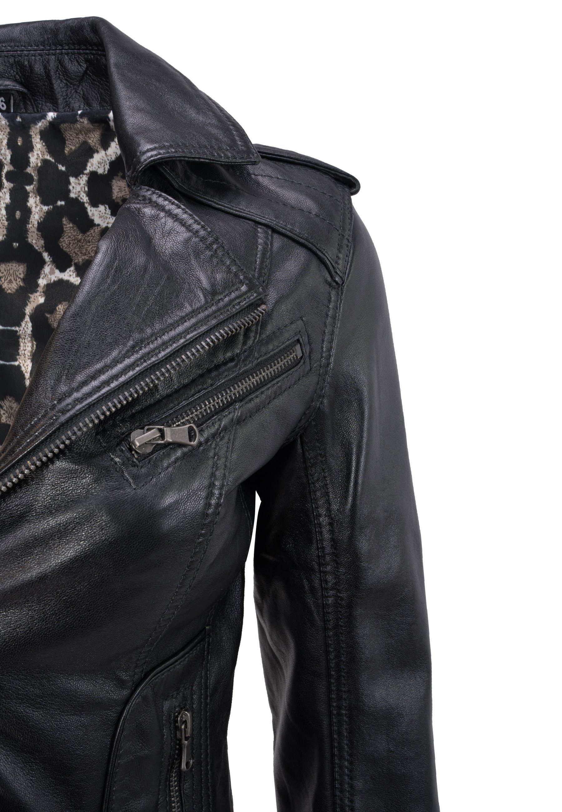 Lolus Lederjacke Mariah schwarz Kurze Damen Biker Lederjacke mit Reverskrag günstig online kaufen