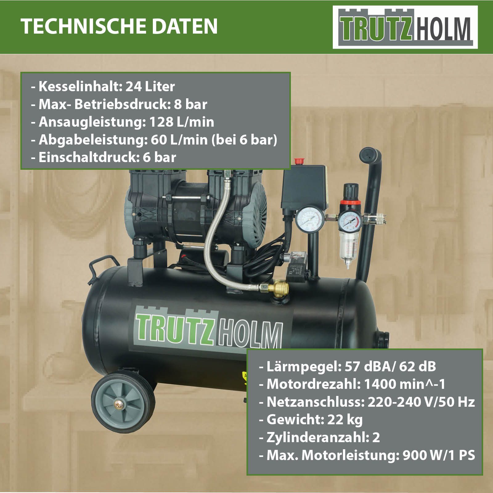 TRUTZHOLM Kompressor Brushless Silent Flüsterkompressor 24L Kompressor 900 W, 62dB, 8 bar, max. 8 bar, 24 l, Komplett-Set