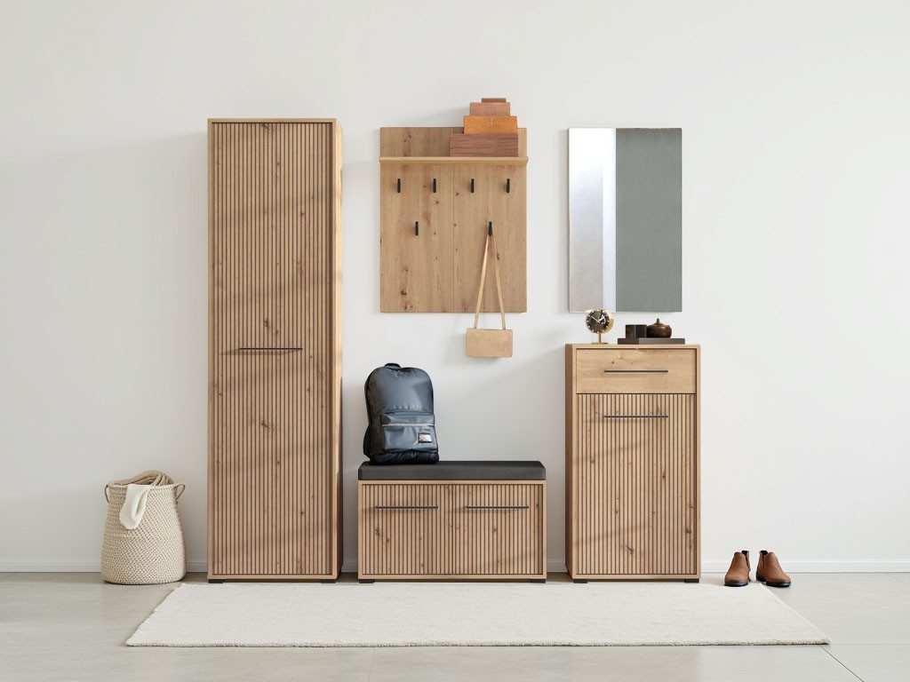 INOSIGN Шкафы-Set Landes, Flurmöbel, Breite 189 cm, in Artisan Eiche mit Streifen, (Komplett-Set, 5-St), (Set, 5-St) inkl. 2 Schränke, Sitzbank, Шкафыpaneel und Spiegel