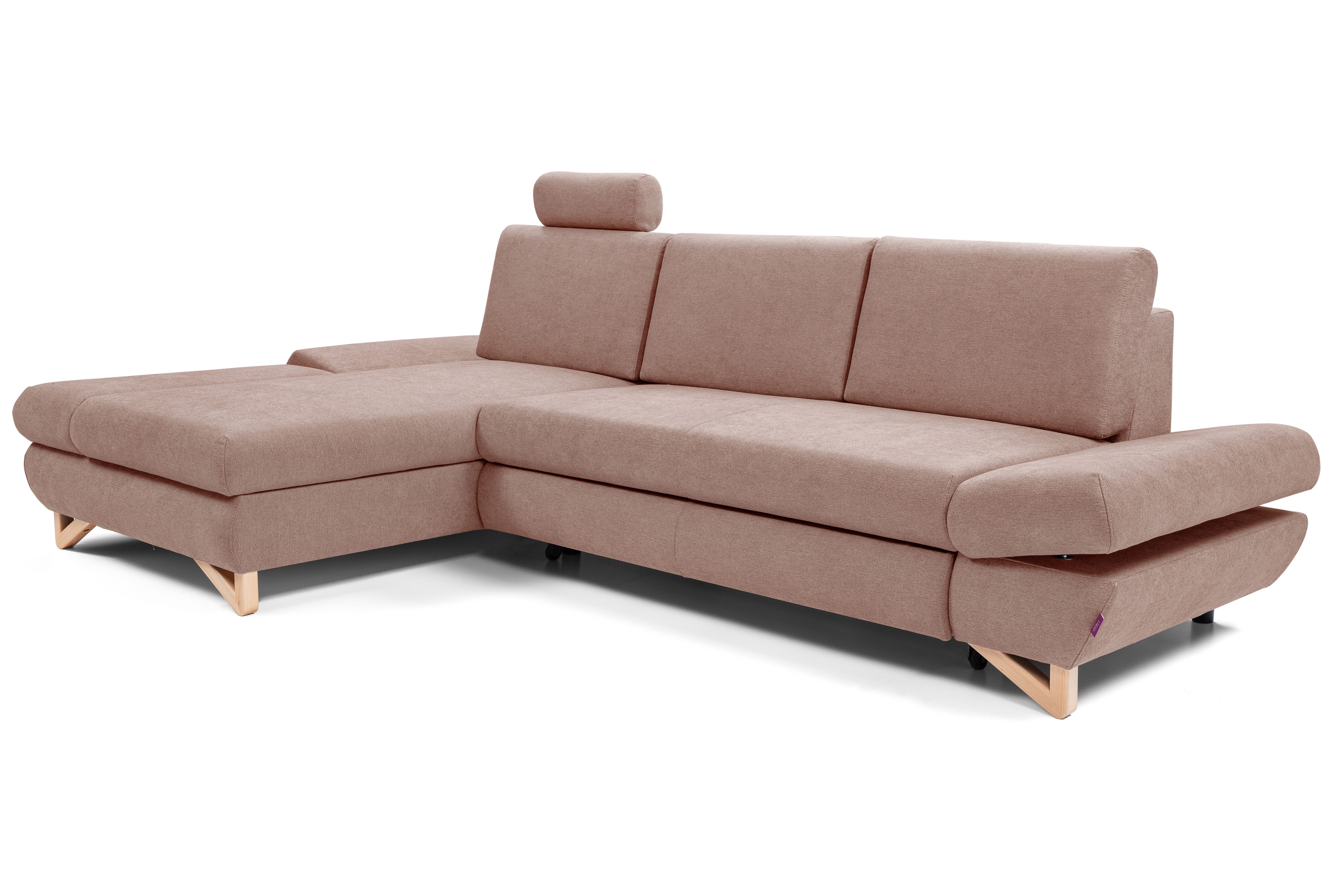 Goldstoff Ecksofa "LUCIA" mit Schlaffunktion und Bettkasten; Modernes Schlafsofa, 1 Teile, L Sofa Couch mit Relaxfunktion, verstellbaren Kopfstützen