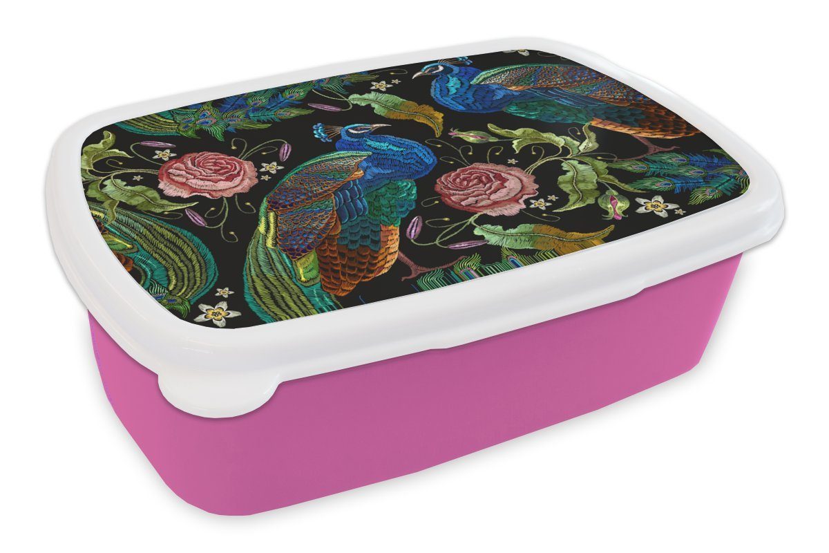 Blumen für Rosen, rosa (2-tlg), Lunchbox - Pfau Stickereidruck Kinder, Mädchen, - Snackbox, Brotdose Kunststoff, MuchoWow Brotbox Erwachsene, - Kunststoff