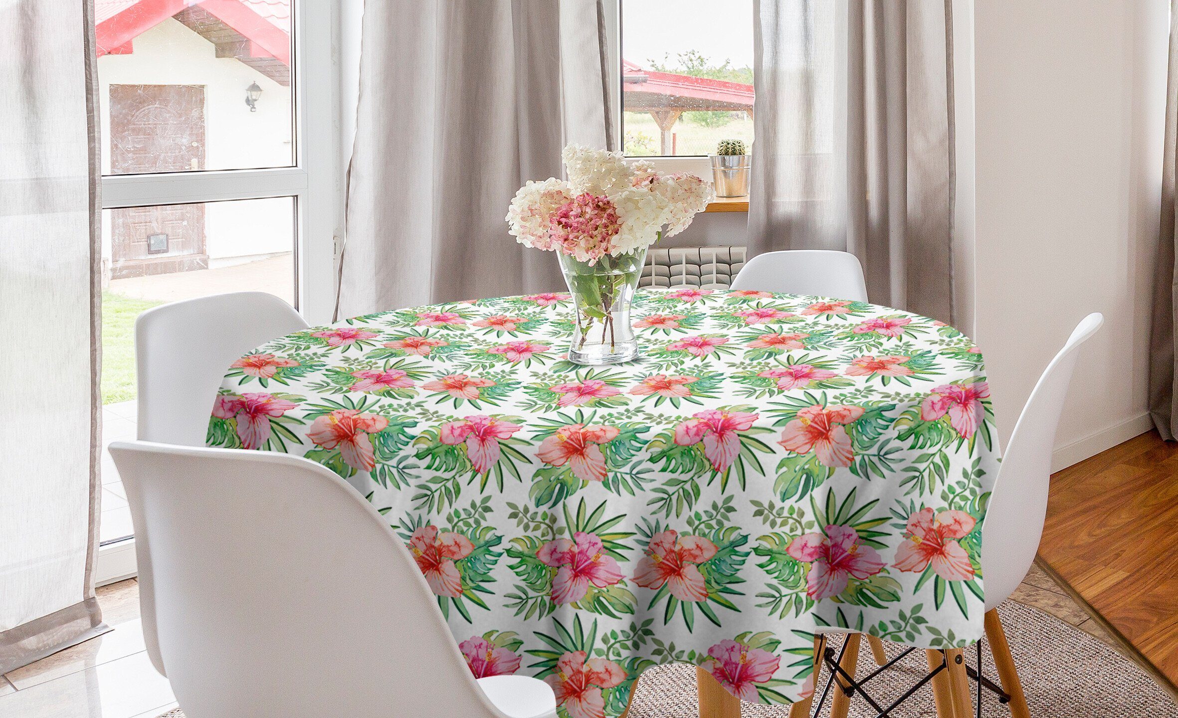 Abakuhaus Tischdecke Kreis Tischdecke Abdeckung für Esszimmer Küche Dekoration, Luau Hibiscus Monstera Palmblätter