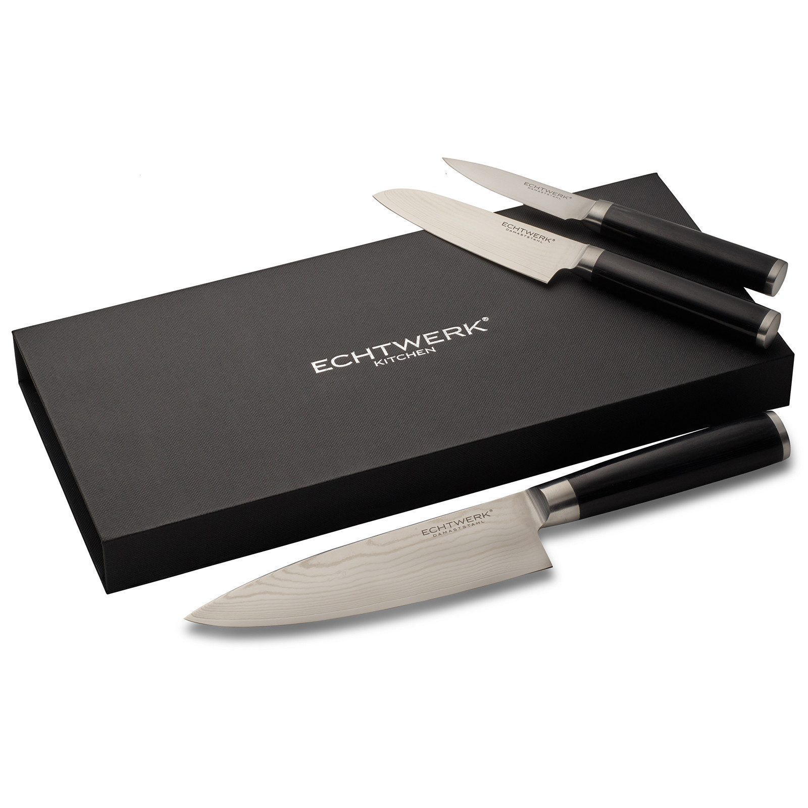 ECHTWERK Messer-Set Damaszener Messer-Set 3tlg, Damaststahl, Messergriffe aus Pakka-Holz, Aufbewahrungs-Kassette