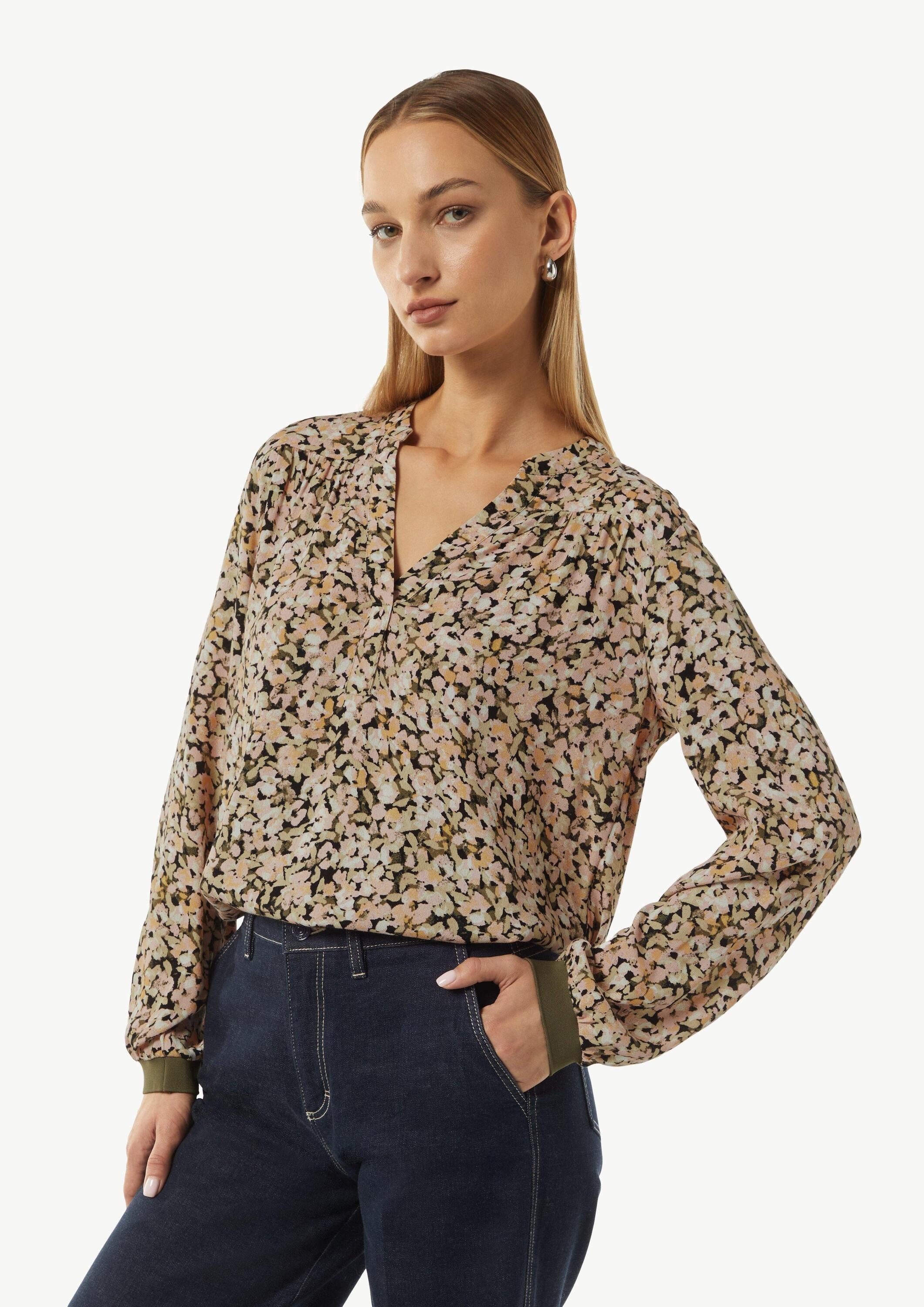 comma Langarmbluse Bluse Floral gemusterte Bluse aus Crêpe mit Rippdetail