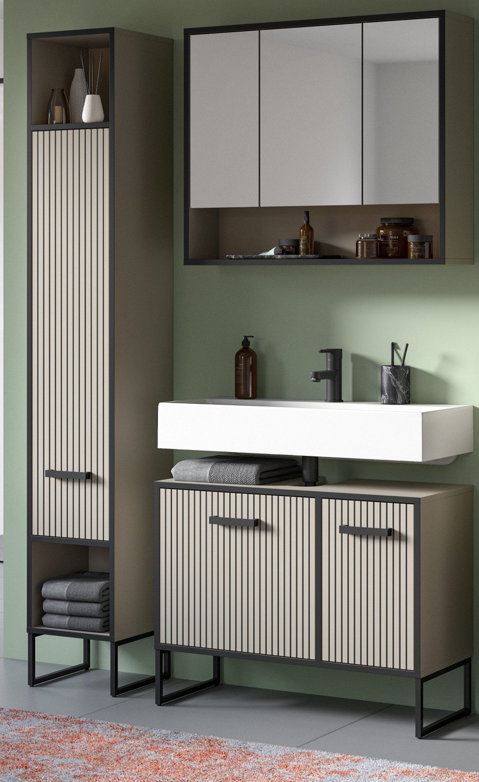 Inn.Furn Badmöbel-Set Scana, (Badezimmer in Sand mit schwarz, 4-St., Komplett-Set inkl. Waschbecken), Soft-Close-Funktion