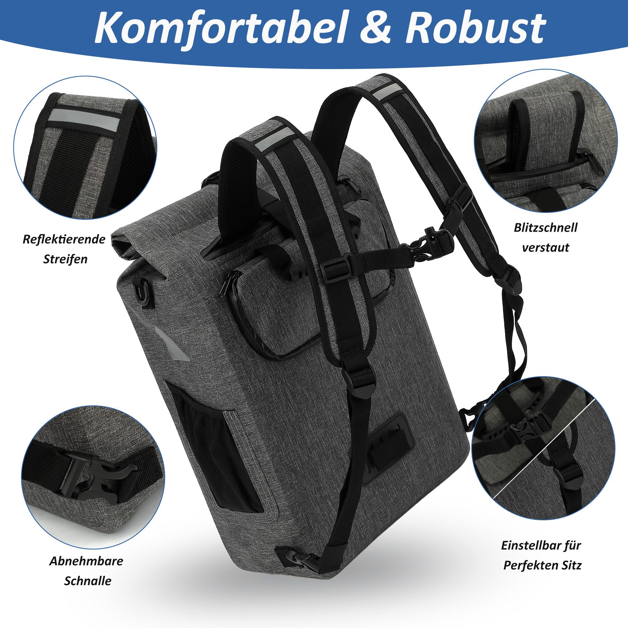 TAN.TOMI Fahrradtasche Wasserdicht 3in1 Fahrradrucksack für Gepäckträger Reflektierend, Mit Reflektorstreifen Sichere Befestigung Laptopfach