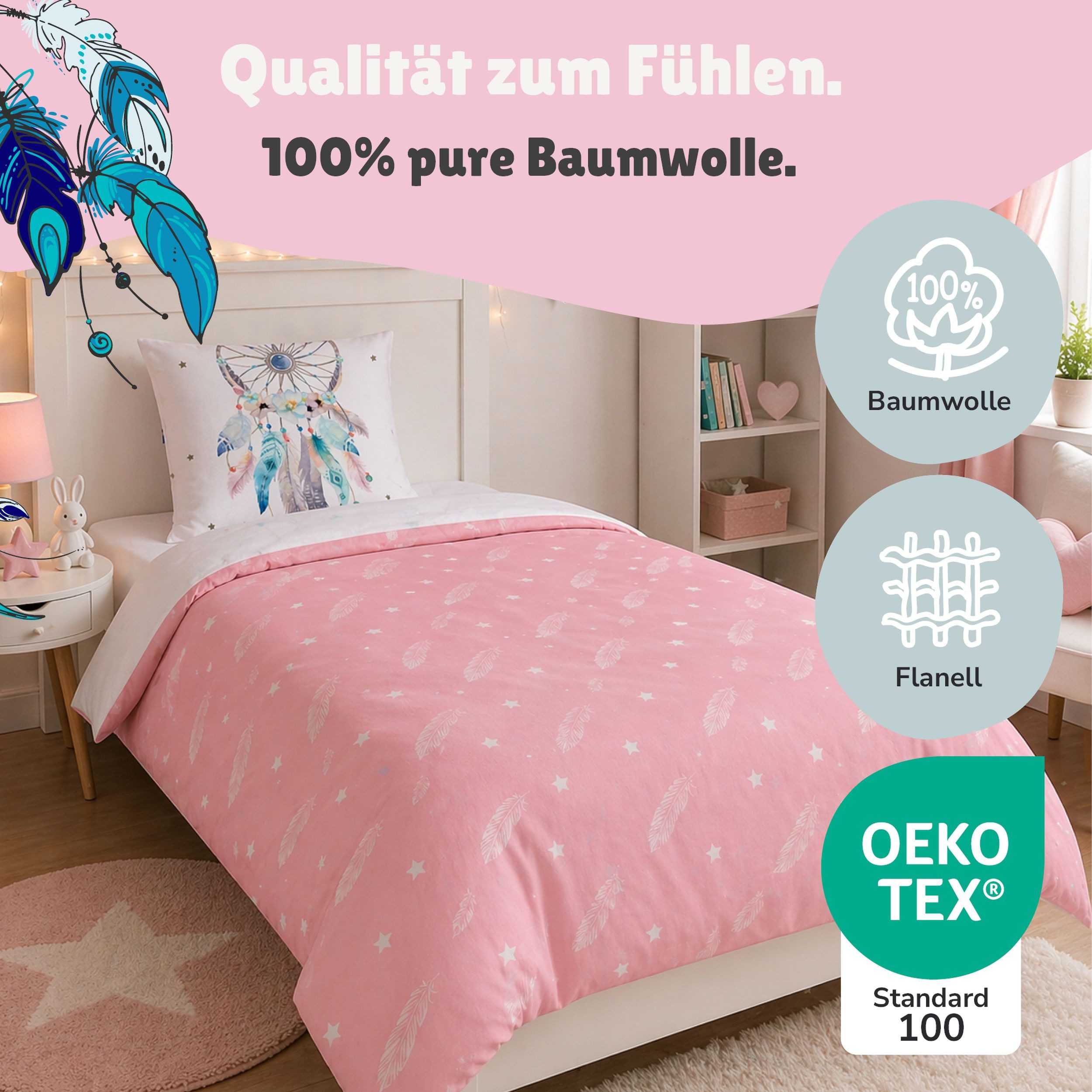 Familando Bettwäsche Dreamcatcher Traumfänger 135x200 80x80 cm Flanell mit Reißverschluss, Flanell, 2 teilig, für Kinder und Erwachsene im Bohemian Boho Style Rosa