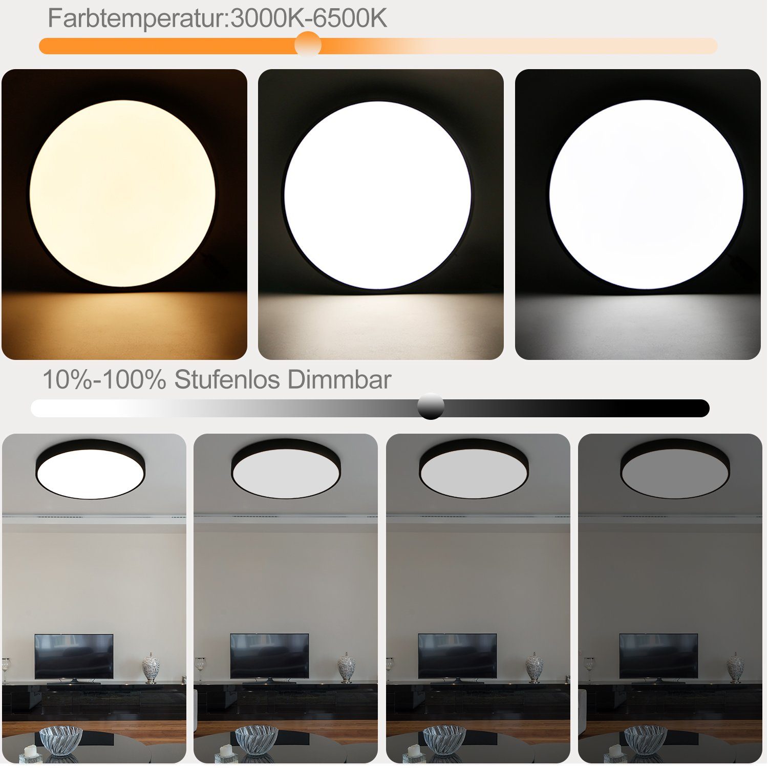 Nettlife LED Panel Schwarz Dimmbar Deckenlampe 37CM 3000-6500K Rund Flach, mit Fernbedienung, LED fest integriert, Warmweiß/Neutralweiß/Kaltweiß, für Schlafzimmer Flur Küche Wohnzimmer