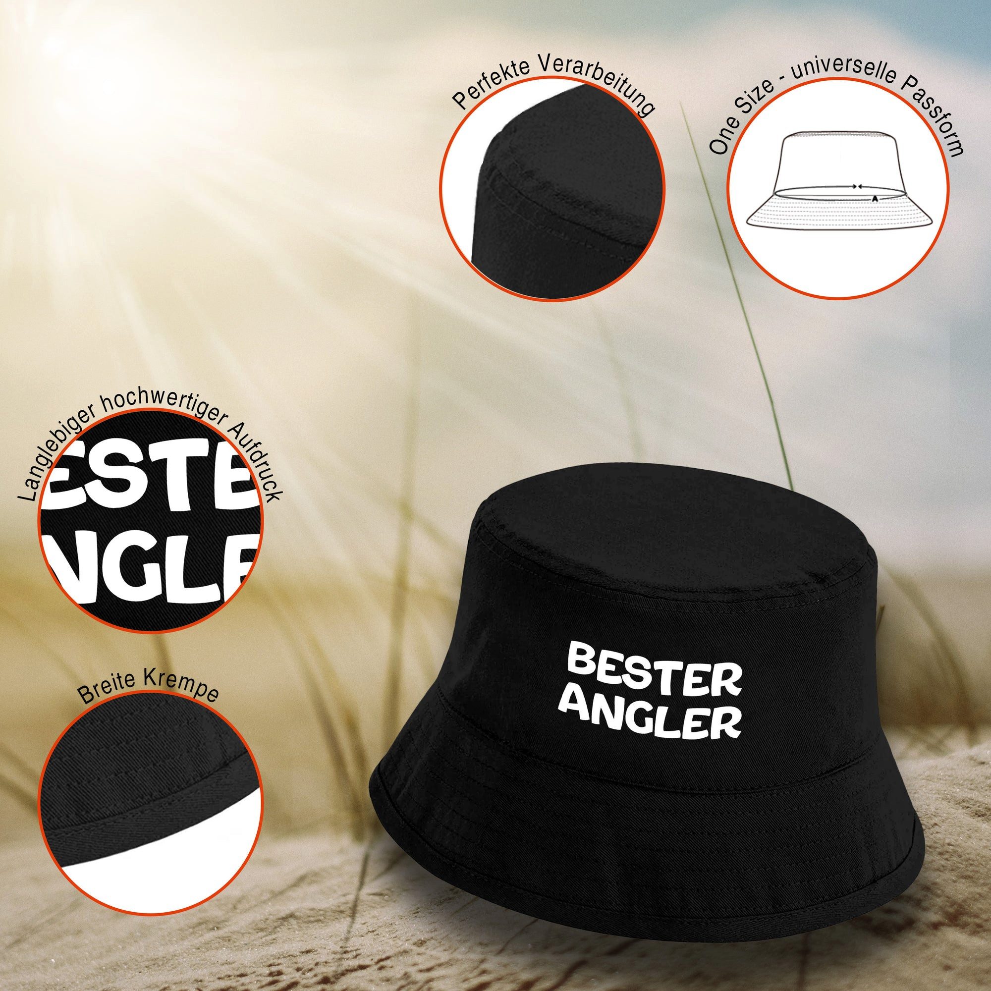 Herzbotschaft Sonnenhut Bucket Hat Bester Angler (Unisex Einheitsgröße, Sommerhut mit Spruch, Festivalhut, Fischerhut) für Damen & Herren