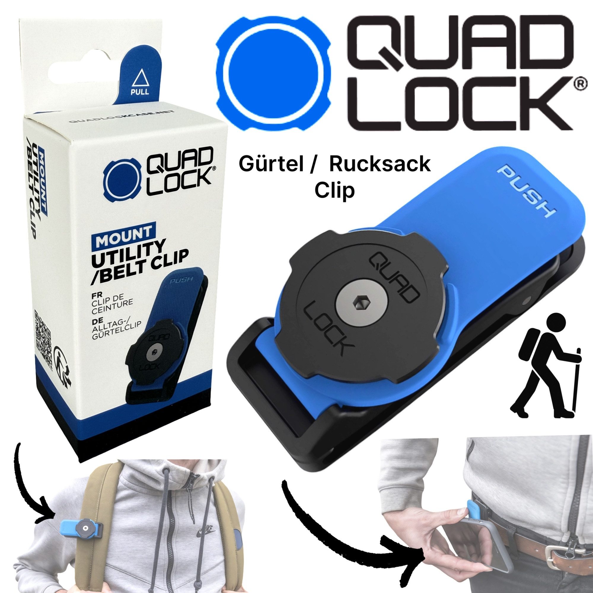 Quad Lock Handy-Halterung QUAD LOCK Belt Clip V3 Gürtel Rucksack Wandern Halte Clip Handy Halter